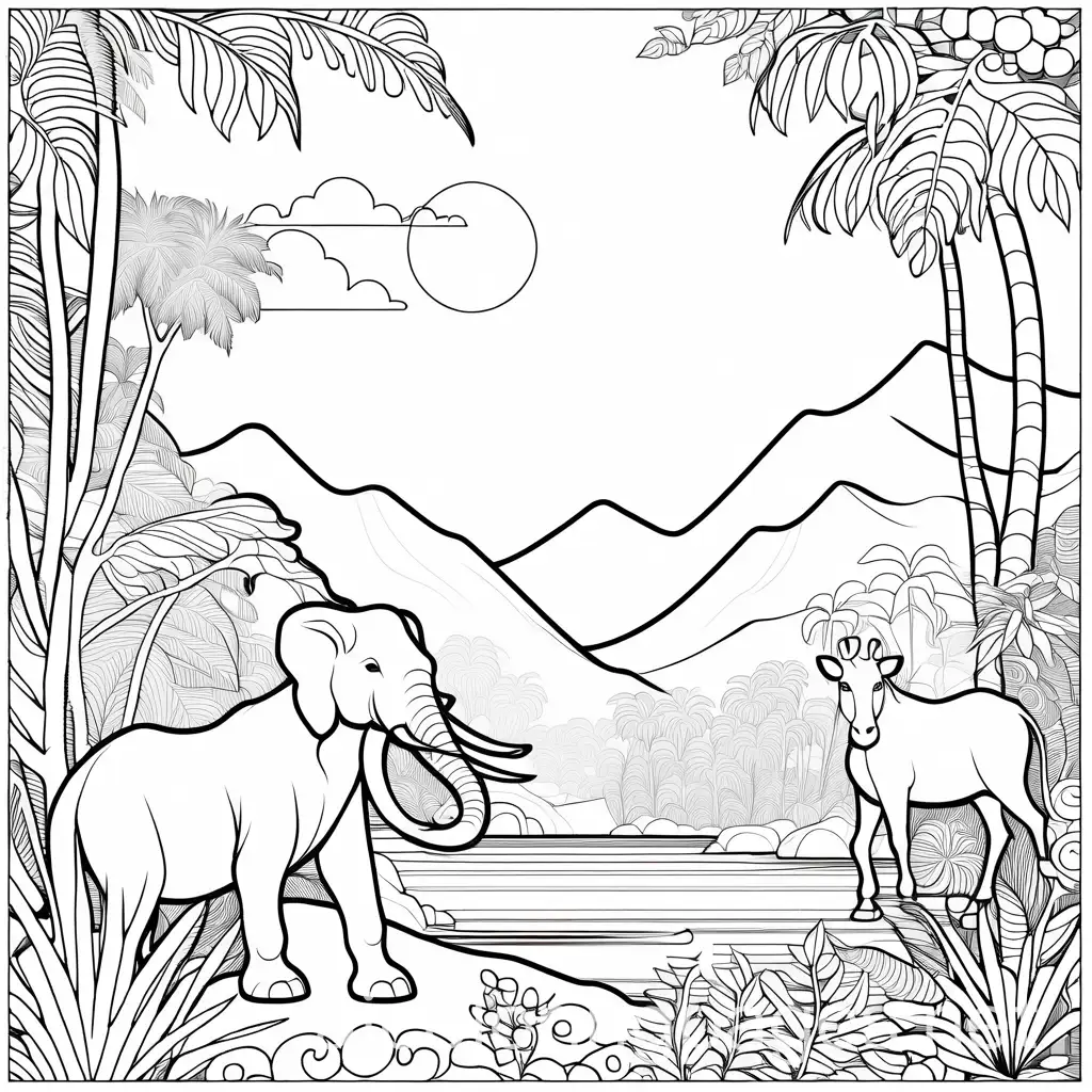 jungle animal with nature background line art, Coloring Page, black and white, line art, white background, Simplicity, Ample White Space. The background of the coloring page is plain white to make it easy for young children to color within the lines. The outlines of all the subjects are easy to distinguish, making it simple for kids to color without too much difficulty