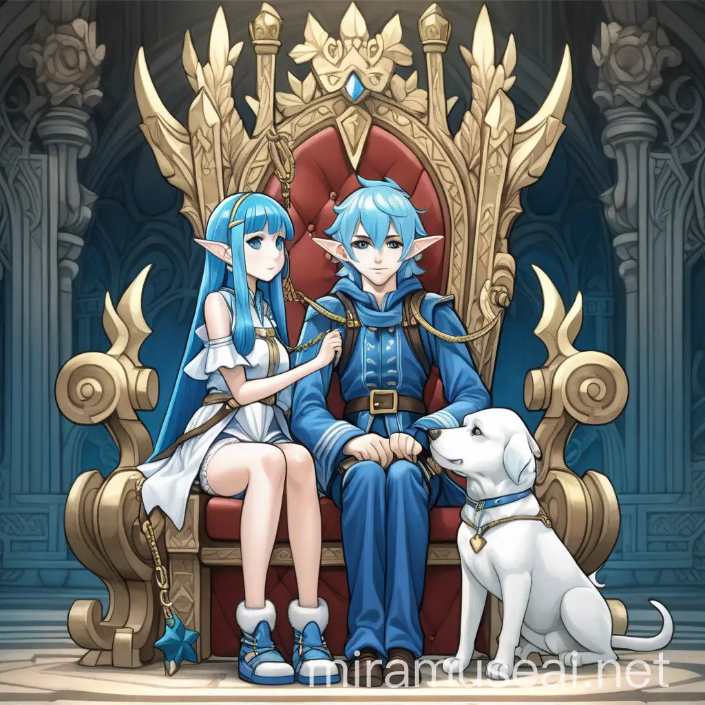 Девушка эльф, с синими волосами, сидит на троне, держит на цепи парня, с ушами собаки, он стоит на колене, а в руках у него посох, стиль аниме
