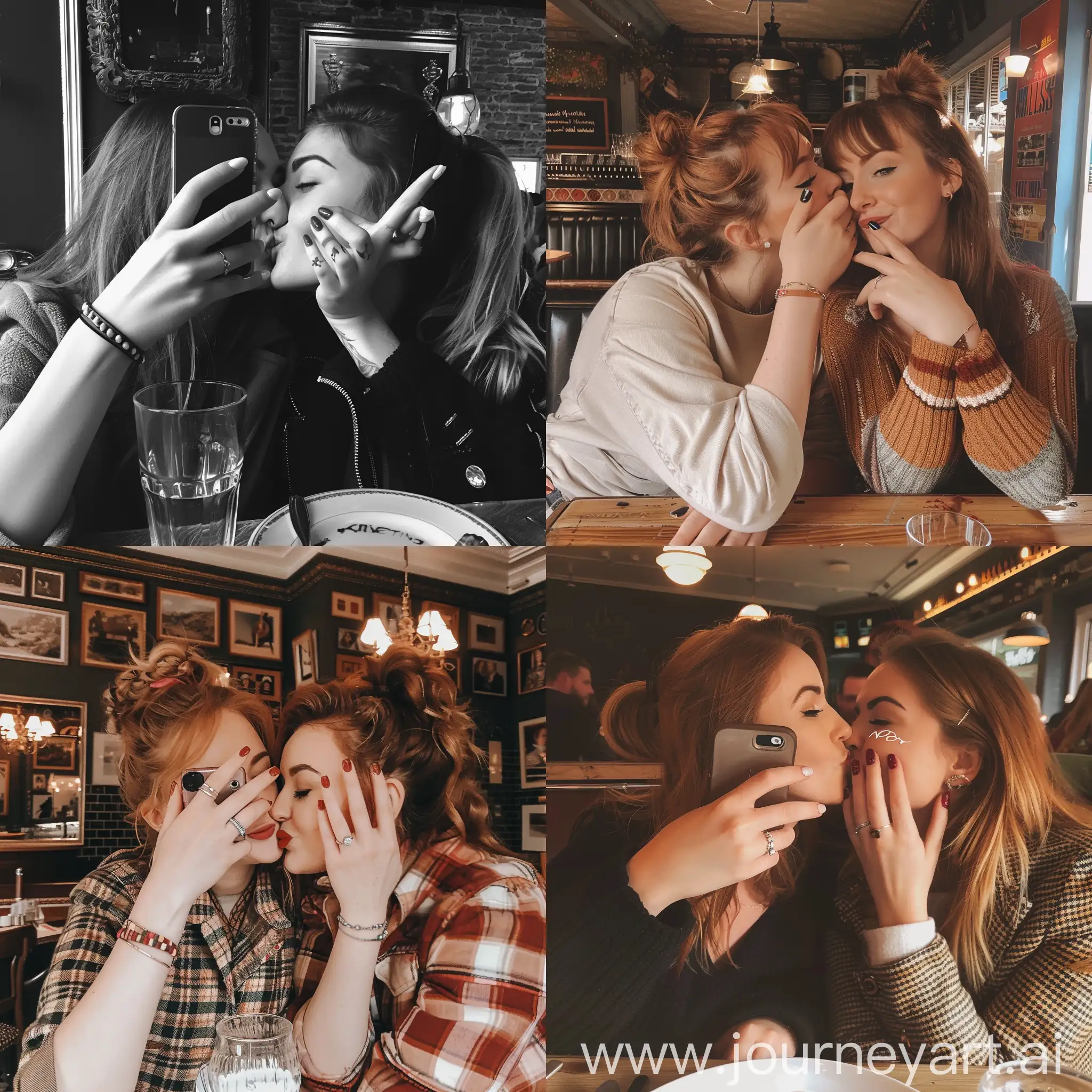 2 Scottish girls taking selfie in restaurant, couple, kissing cheek, one hand on others face, French nails --v 6