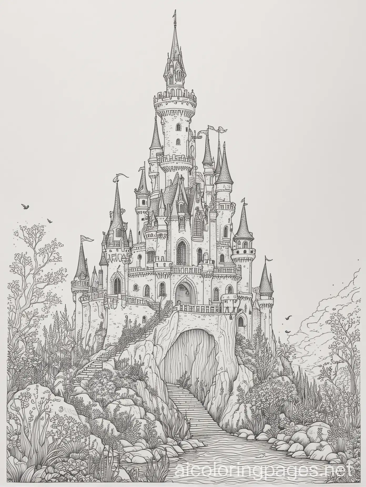 Ariel mermaid castle, Coloring Page, black and white, line art, white background, Simplicity, Ample White Space. The background of the coloring page is plain white to make it easy for young children to color within the lines. The outlines of all the subjects are easy to distinguish, making it simple for kids to color without too much difficulty