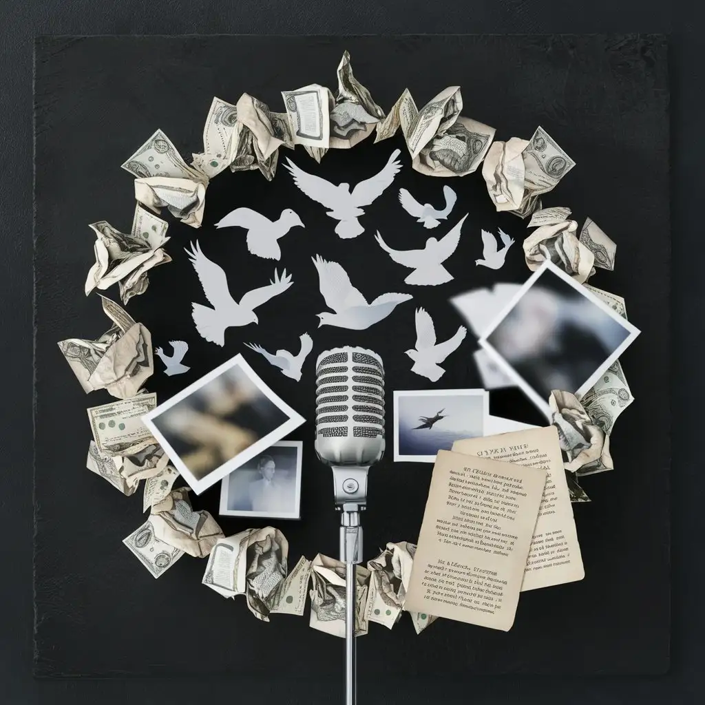 Multimedia-Collage-Birds-Money-Photographs-Microphone-and-Song-Texts