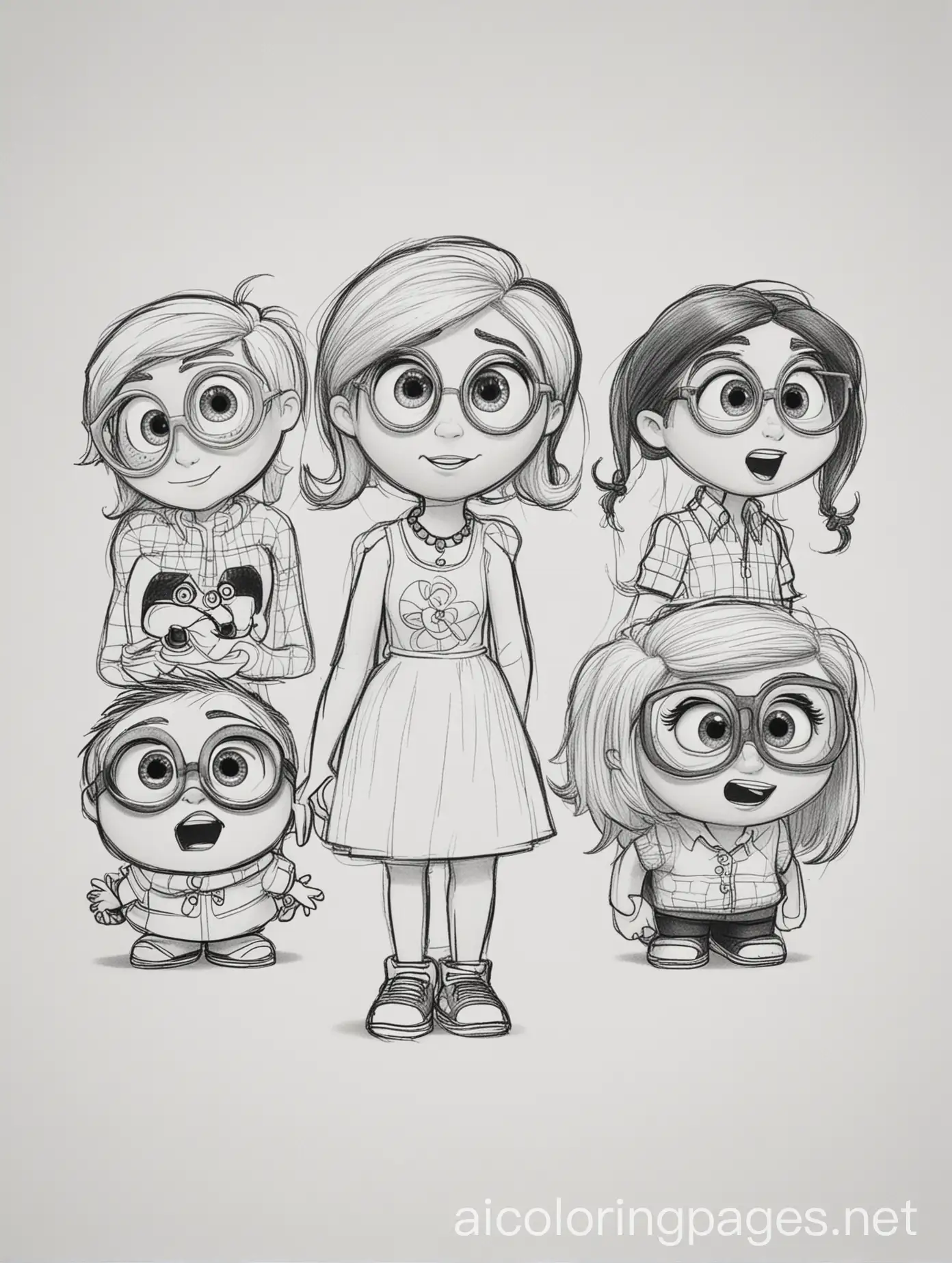 pixar inside out characters, Coloring Page, black and white, line art, white background, Simplicity, Ample White Space. The background of the coloring page is plain white to make it easy for young children to color within the lines. The outlines of all the subjects are easy to distinguish, making it simple for kids to color without too much difficulty