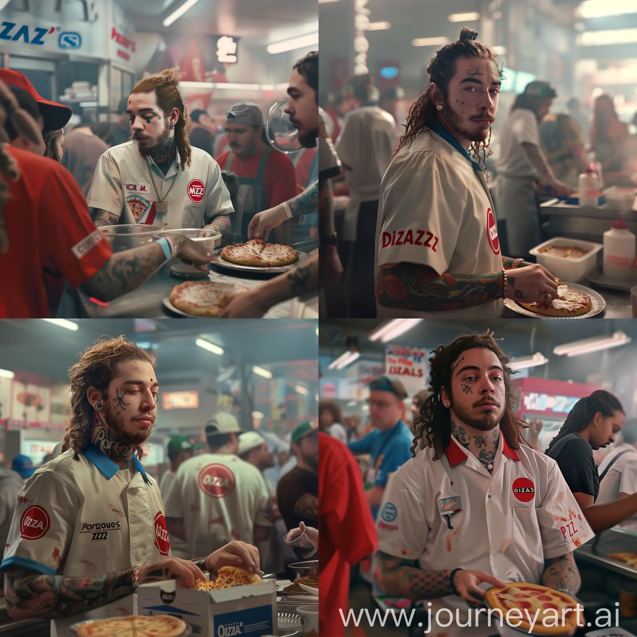 "Immerse yourself in the hustle and bustle of a busy fast food joint with The Post Malone as your guide. This incredible AI-generated image will transport you to the heart of the action, where you can witness the rapper in his Domino's Pizza uniform, dishing out delicious slices to eager customers."