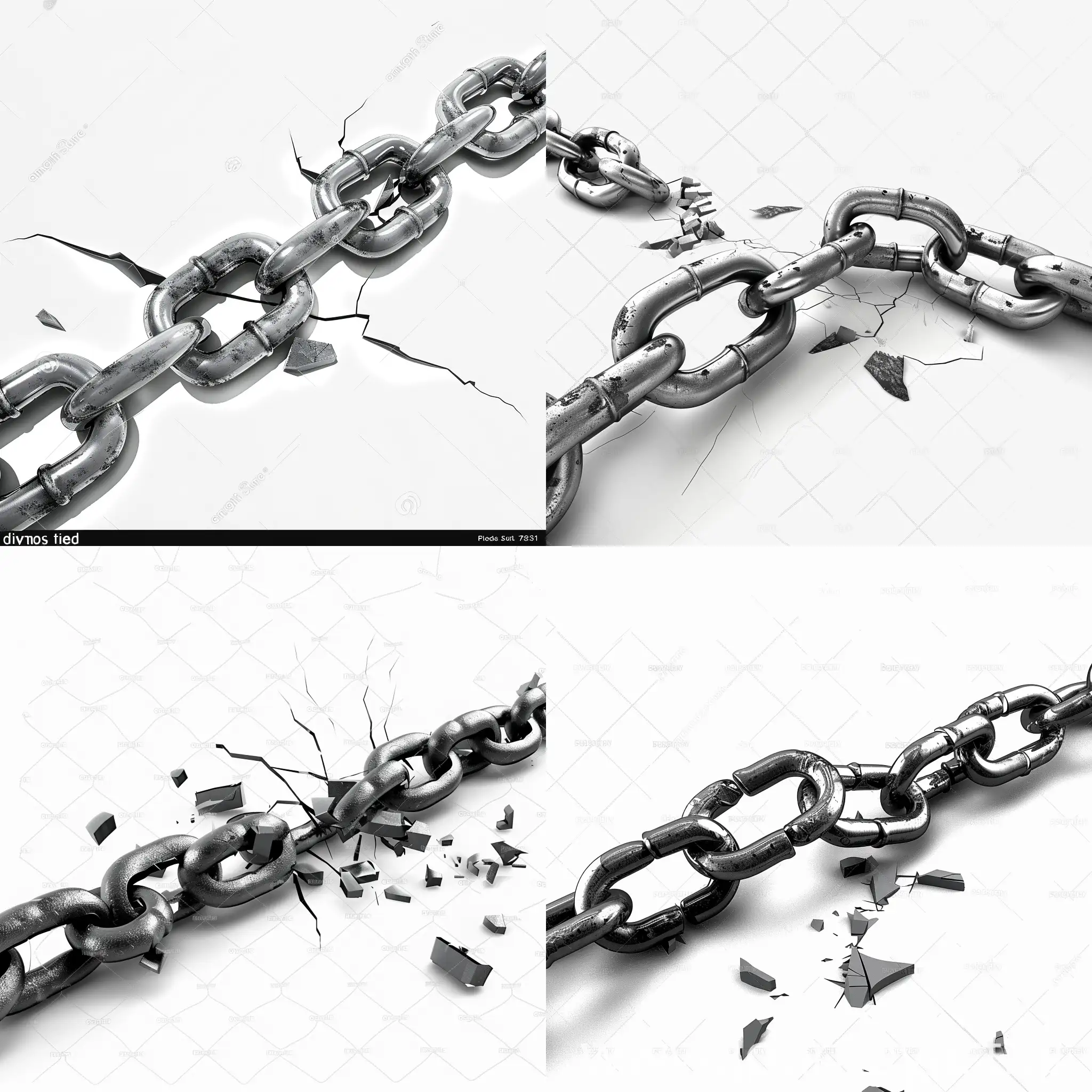 one steel chain, broke, all white background