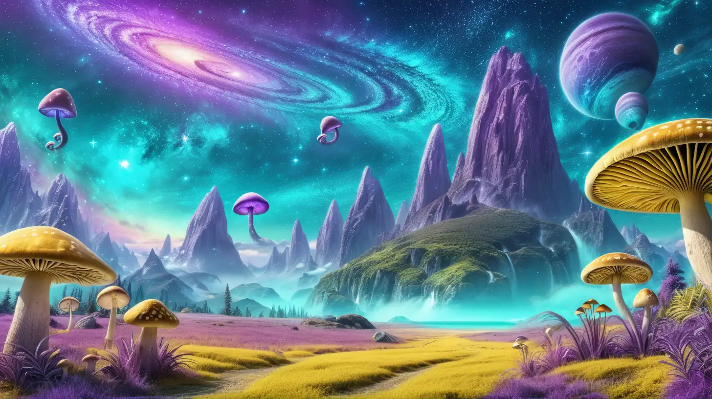 Yellow and Turquoise grass with fairytale green palm trees and  magical giant mushrooms surrounded by a purple galaxy background and mountains and a planet in the sky