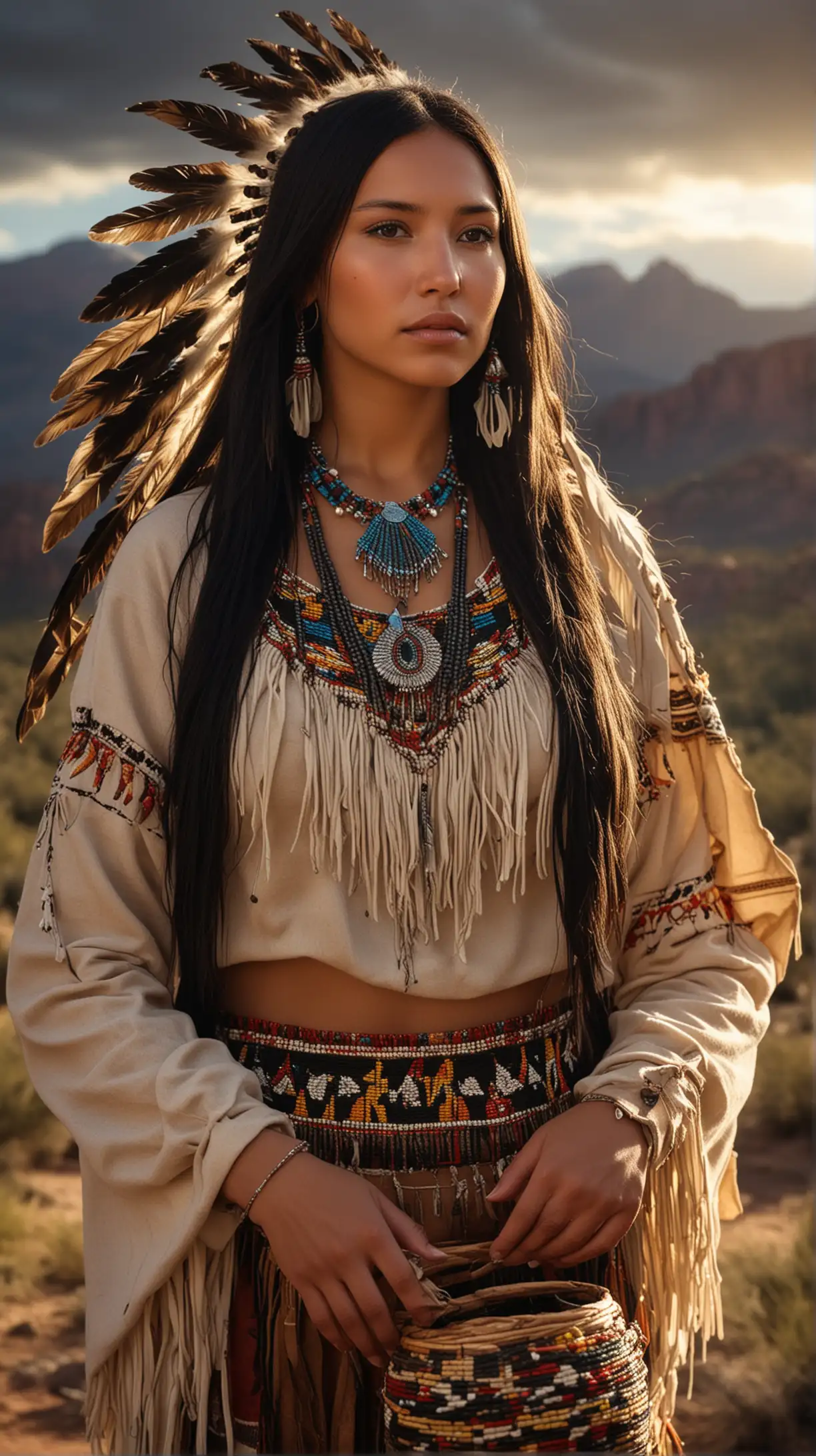 Create an image of a stunning Apache girl embodying grace, strength, and beauty. She should have long, flowing black hair adorned with feathers and beads, reflecting traditional Apache culture. Her facial features should exude confidence and resilience, with piercing eyes that captivate the viewer.
Dressed in traditional Apache attire, she should wear a beautifully crafted buckskin dress adorned with intricate beadwork and fringe, symbolizing the craftsmanship and artistry of her people. Accessories such as silver jewelry, including bracelets, necklaces, and earrings, should accentuate her attire, adding to her allure and elegance.
The background of the image should depict the breathtaking landscape of the American Southwest, with rolling desert plains, majestic mountains, and vibrant colors that complement the richness of Apache culture. Sunlight streaming through the clouds should illuminate her figure, creating a sense of warmth and radiance.

In her hands, she could hold traditional Apache artifacts or symbols, such as a woven basket, a pottery vessel, or a ceremonial item, adding depth and authenticity to the portrayal.
Overall, the image should celebrate the beauty and resilience of Apache culture, while also capturing the timeless allure of the Southwest landscape.Hyper realistic