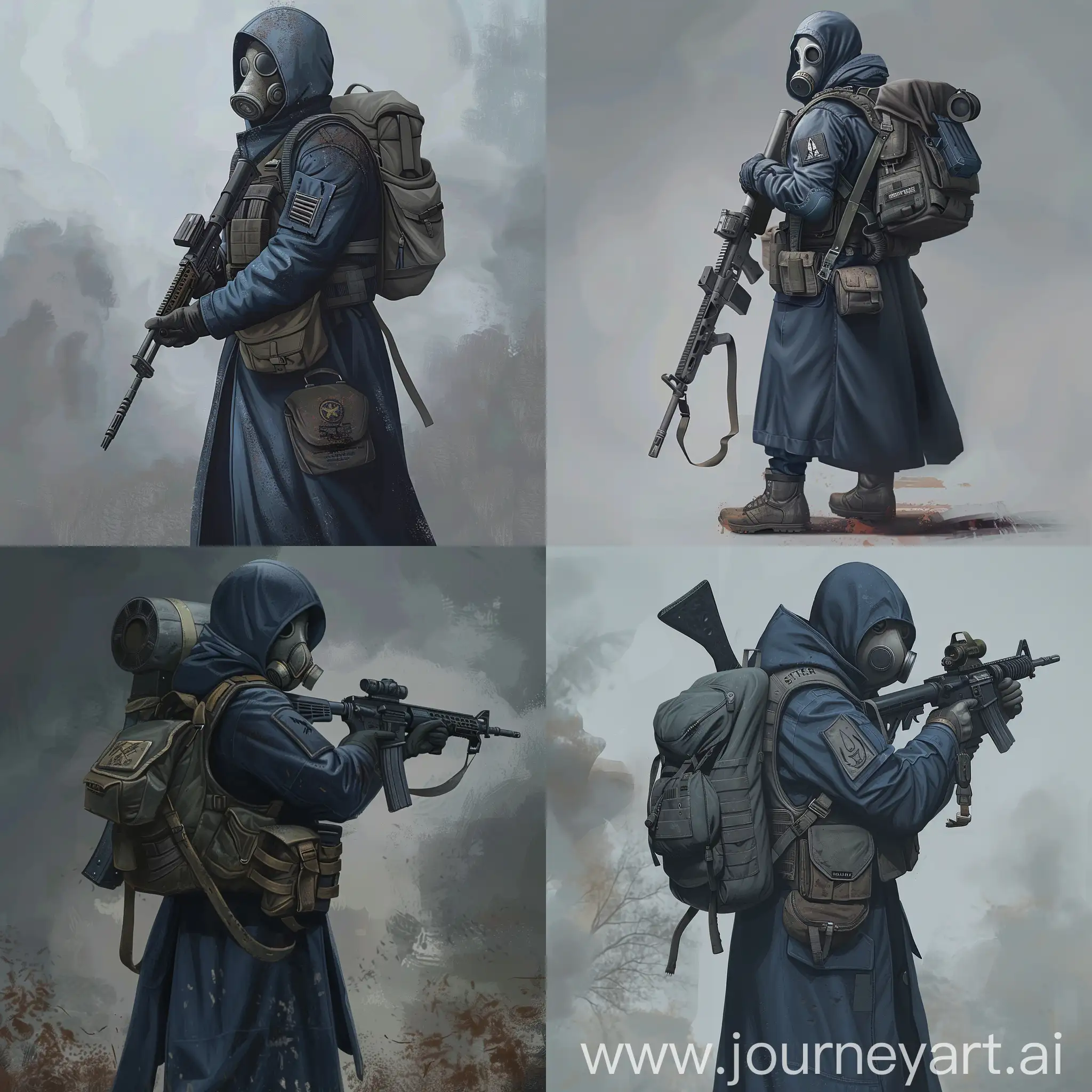 Digital concept art is a lone mercenary from the universe of S.T.A.L.K.E.R., dressed in a dark blue military raincoat, gray military armor on his body, a gasmask on his face, a military backpack on his back, a rifle in his hands.