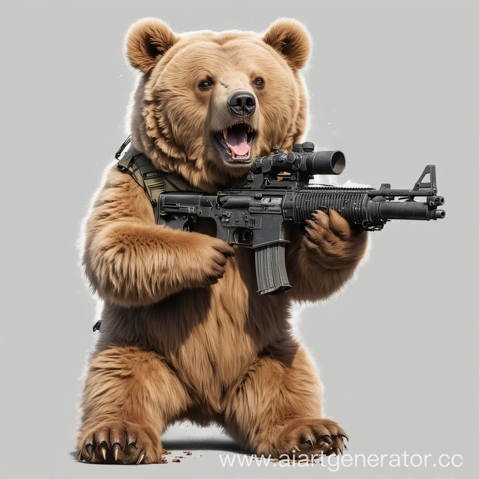 нарисуй мне мемного медведя который орет и стреляет из пулемёта , на прозрачном фоне