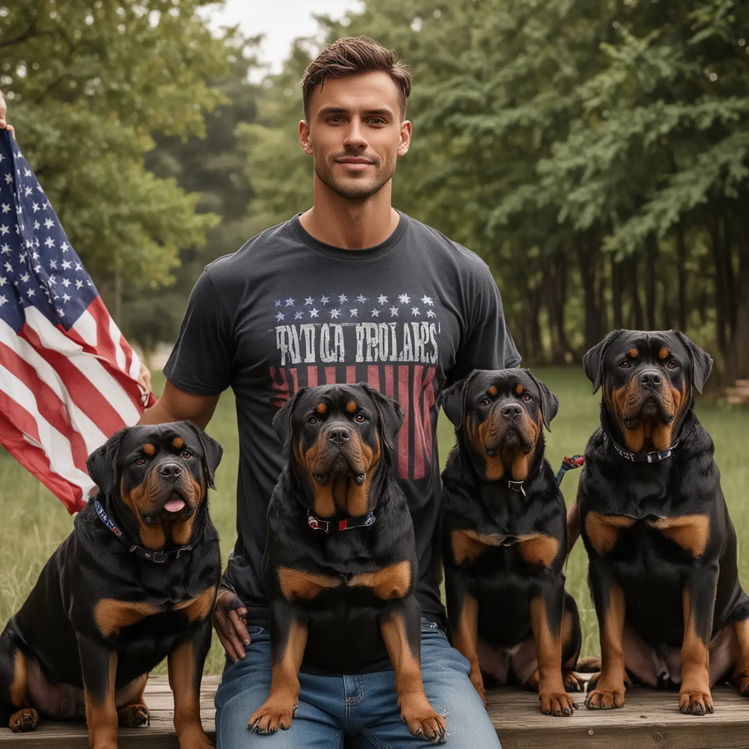 Handsome Man with American Flag TShirt Walking Two Rottweilers Outdoors