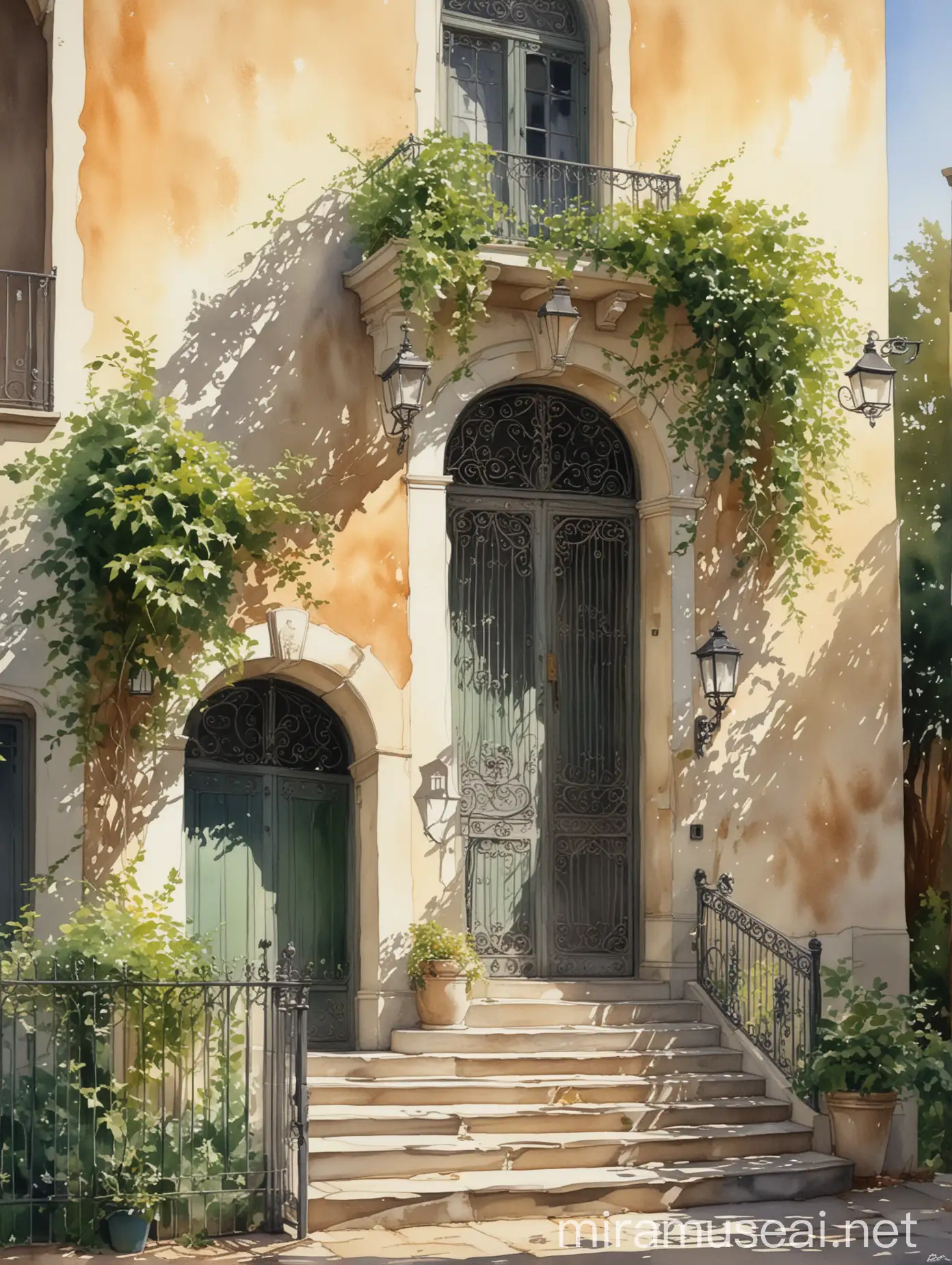 A watercolor painting of a quaint building with a large, ornate entrance, covered in a thick, verdant vine. The building is painted in shades of white and beige, and the sun casts long shadows on the steps and walls. A street lamp with a wrought iron design stands tall on the right. The image is full of light and shadows, with a soft and dreamlike quality.