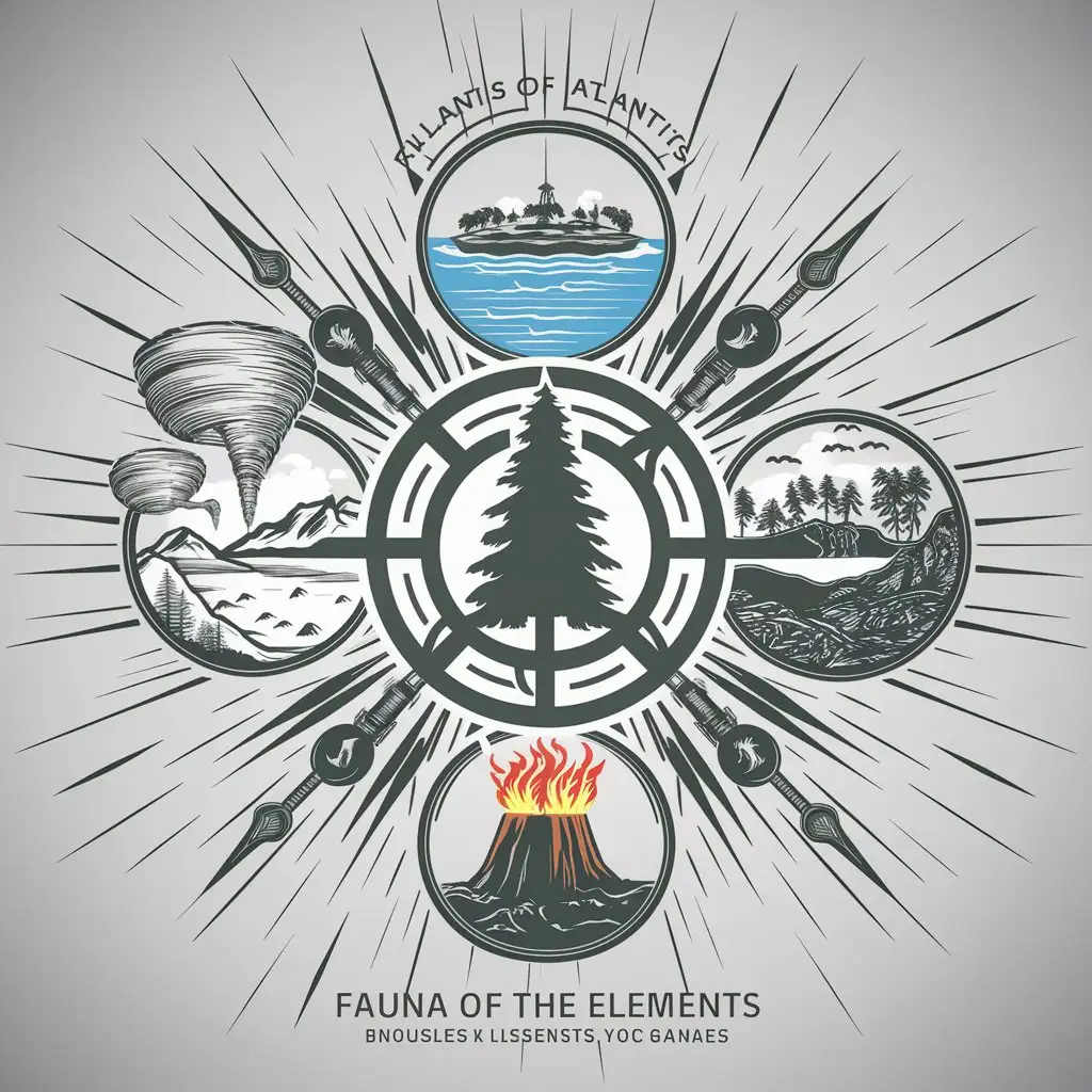 a logo design,with the text "fauna of the elements", main symbol:a circle with an Island coniferous forest in the center, a circle with the Island of Atlantis and water on top, a circle with island mountains and tornadoes on the left, a circle with island jungles and land on the right, a circle with an island volcano-fire below,Moderate,be used in Animals Pets industry,clear background