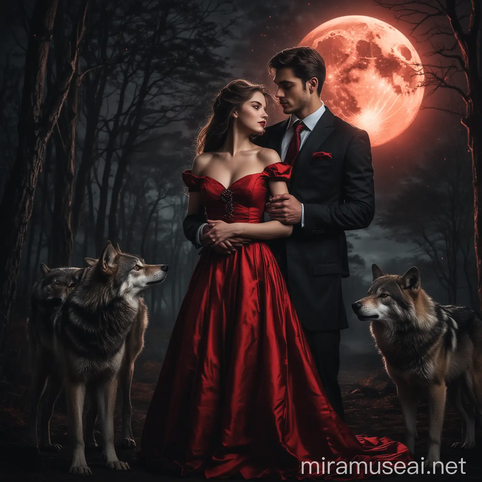 A beautiful lady in a red and black dress, held romantically by a handsome young man in suit, with wolves beside them, and a glowing moon in the dark night.