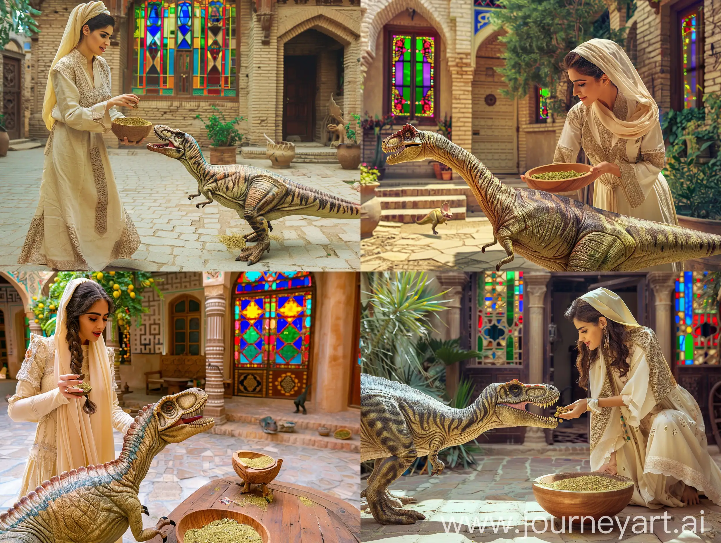 Persian-Woman-Feeding-Dinosaur-in-Traditional-Courtyard-Scene