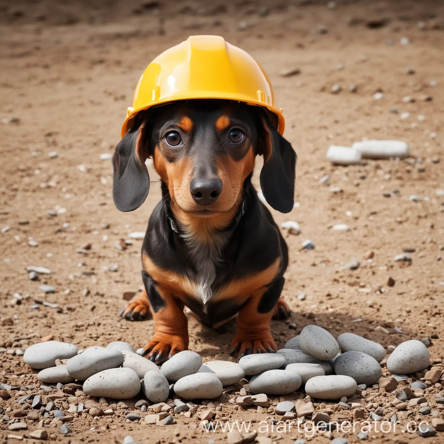 a dachshund in a construction helmet carries stones