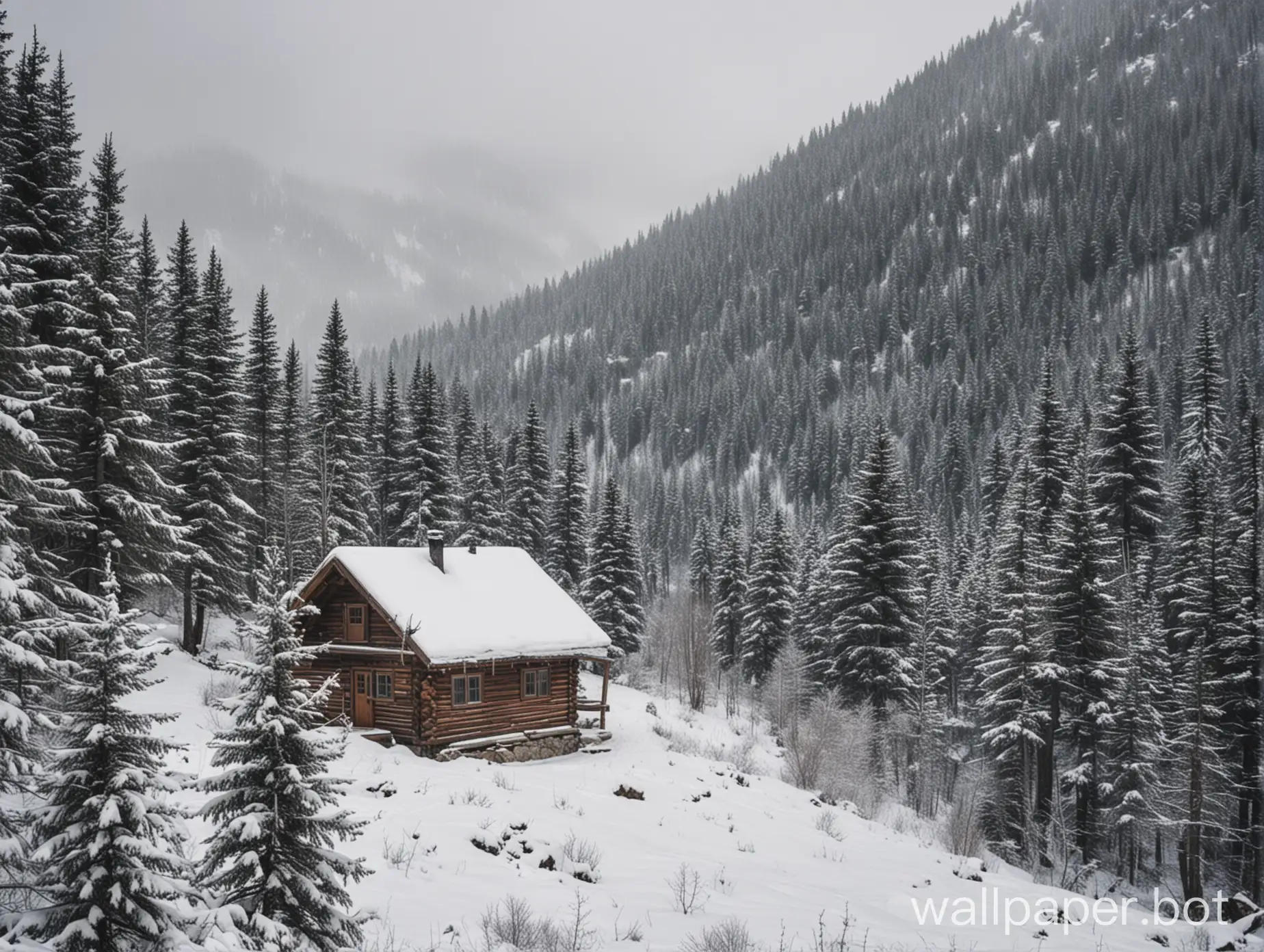 Small cabin winter mountain forest