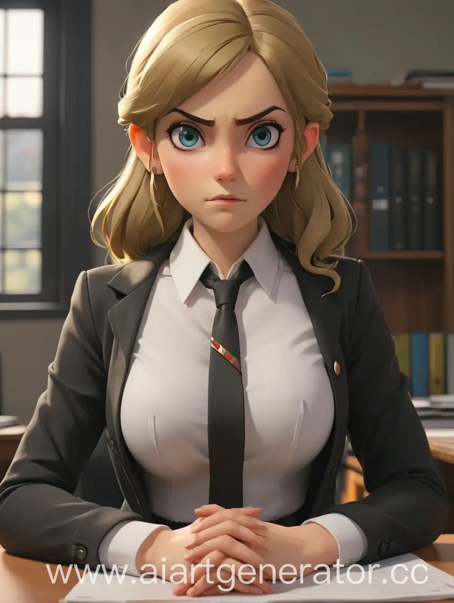 Pov, Zelda teacher , short tie, white blouse under black fitted buttoned jacket, sitting alone at a desk, mad look,face sitting in forward facing position, close up