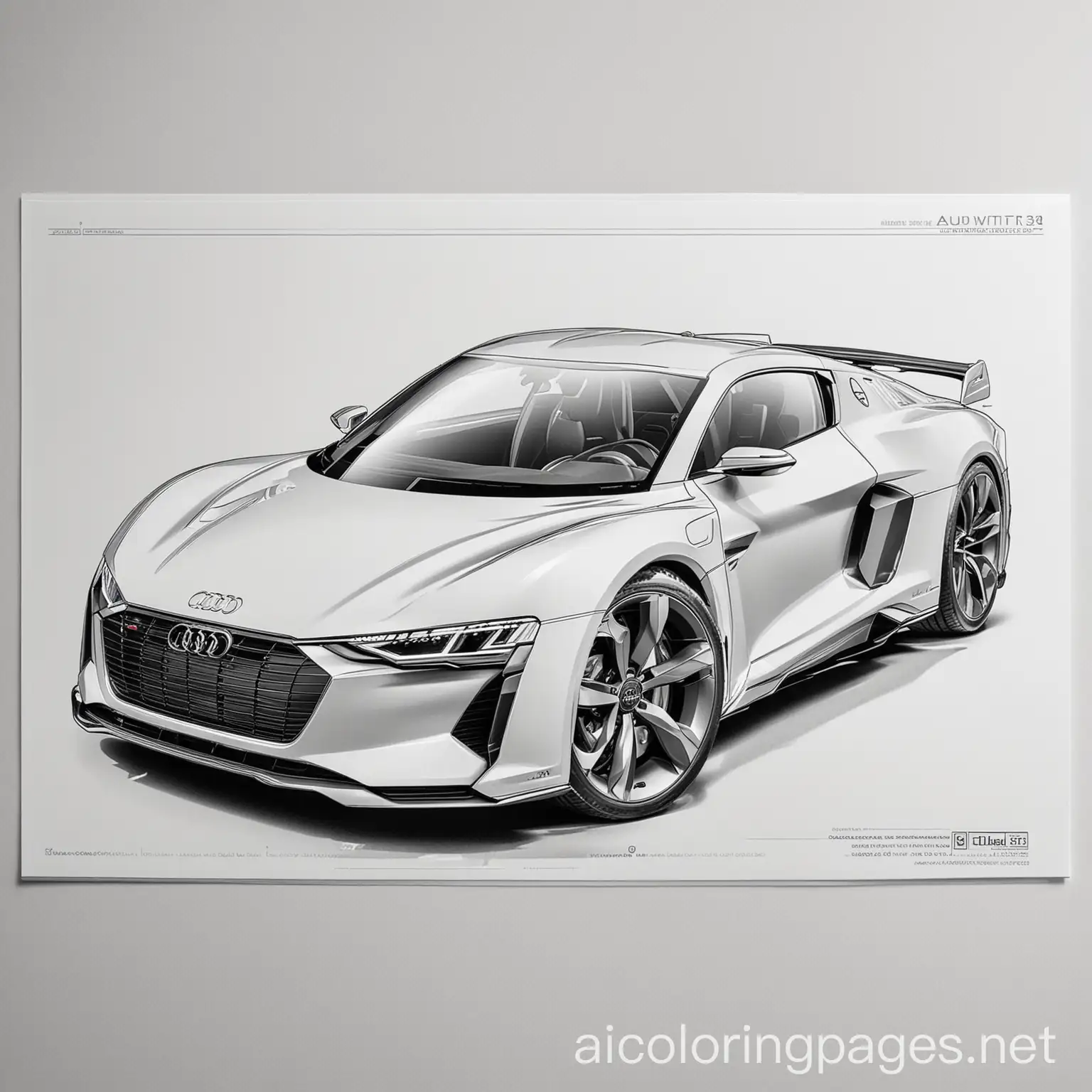 Audi PB18 E-Tron Electric half page real half-page coloring page, Coloring Page, black and white, line art, white background, Simplicity, Ample White Space. The background of the coloring page is plain white to make it easy for young children to color within the lines. The outlines of all the subjects are easy to distinguish, making it simple for kids to color without too much difficulty