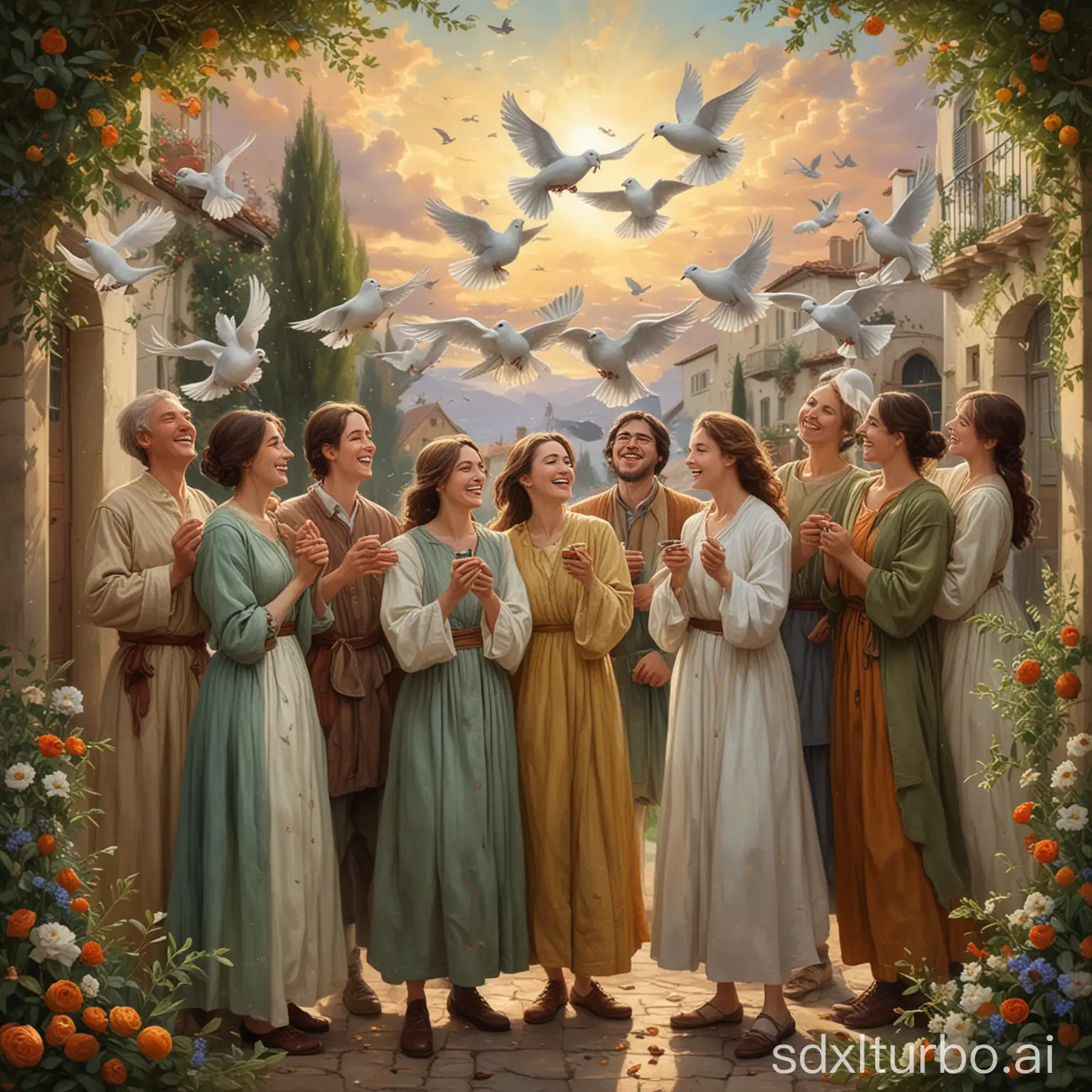 The ESFJ, known as the Supporter and the Creator of Harmony, brings comfort and support to those around them with a warm smile, soft attire, and open embrace. In this painting, the ESFJ is dressed in cozy attire suitable for a family gathering, holding an olive branch symbolizing peace and unity, standing amidst laughter and joy-filled family and friends. They are gathered around the ESFJ, sharing stories, laughter, and joy, reflecting the harmony and unity brought by the ESFJ. In the background, doves fly across the sky, further emphasizing the theme of harmony.