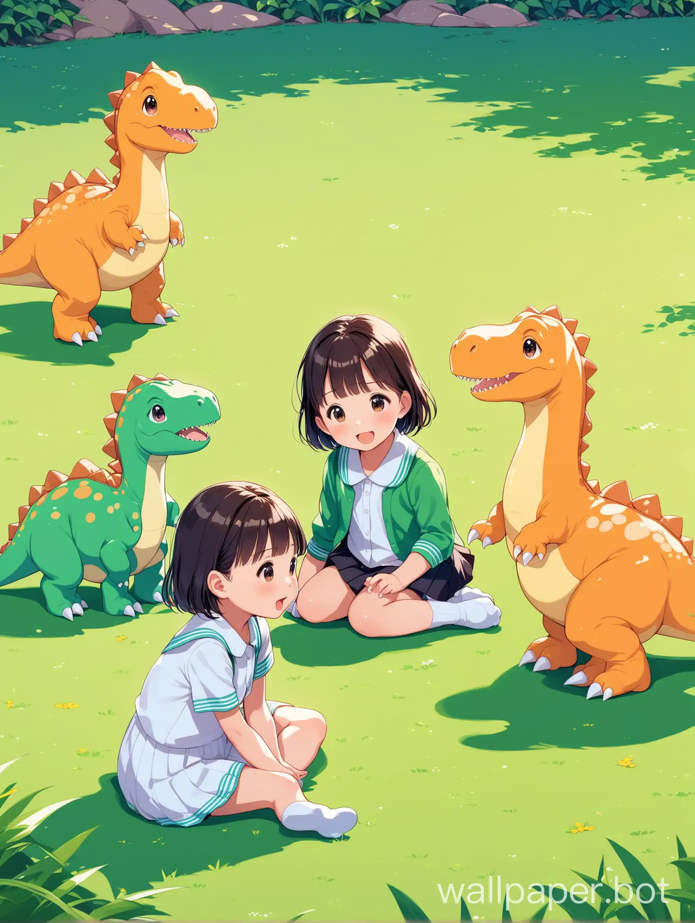 3 cute schoolchildren and 2 baby dinosaurs chatting on the grass
