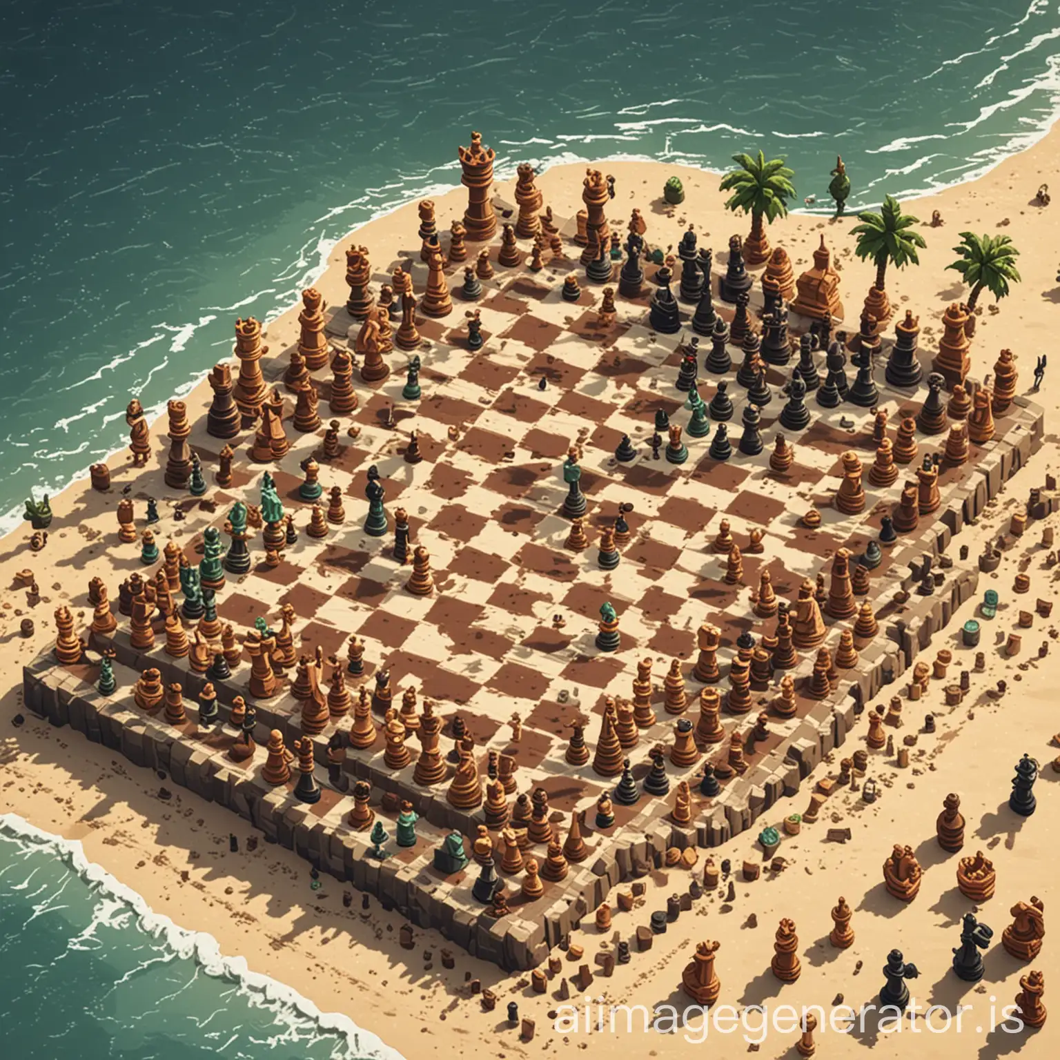 musical chess in an island beach in pixel art style, but take care that the chess board is 8x8 squares