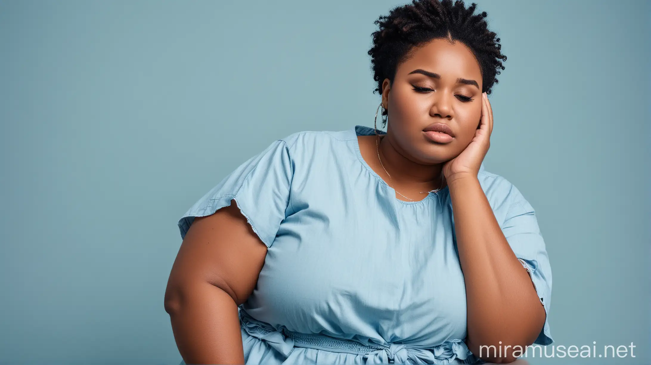 African plus size woman,beautiful,stressed,sad,tears,modern outfit,light blue background, plain,no errors