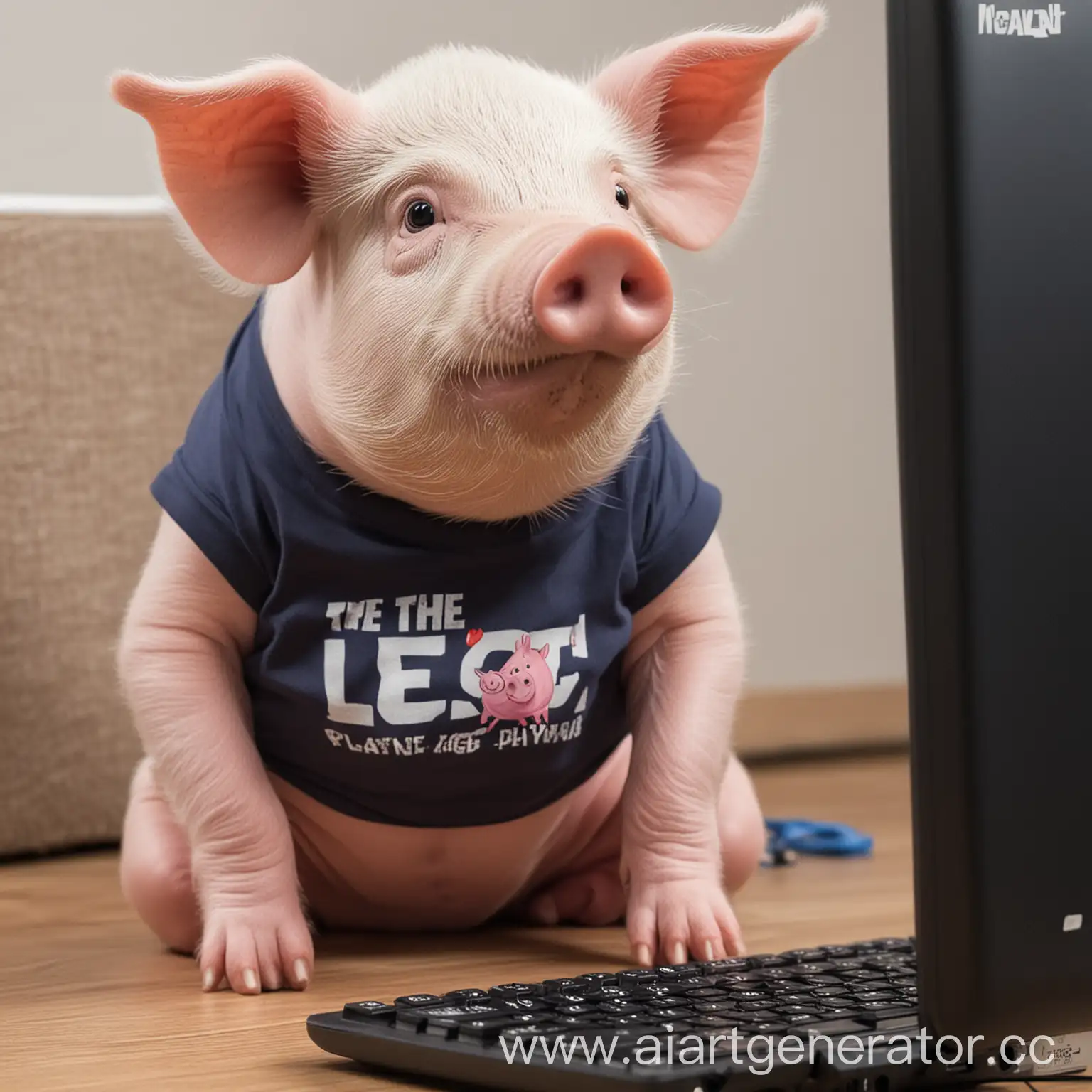 Свинья с футболкой, на которой написано theleg1t3 играет в компьютер