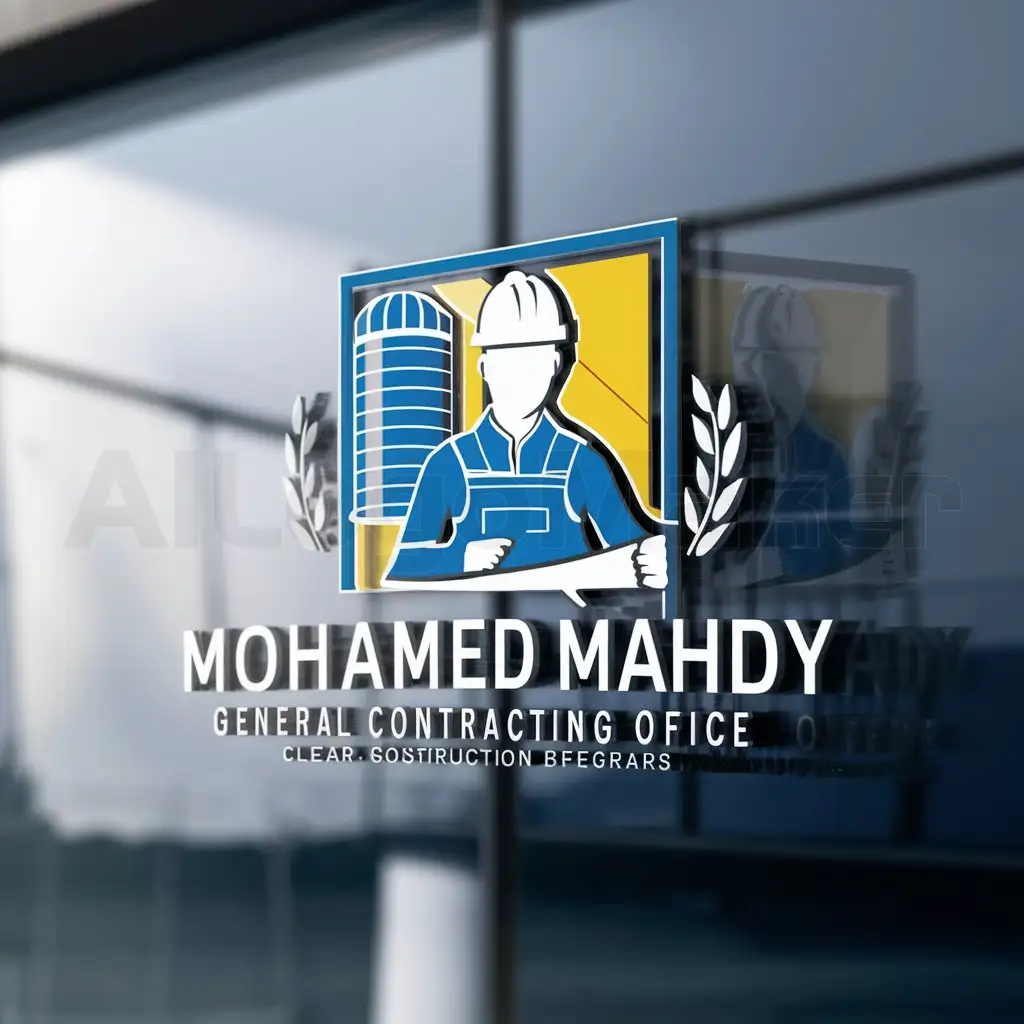 a logo design,with the text "Mohamed Mahdy General Contracting Office", main symbol:Engineer and silo  yellow and blue,complex,be used in Construction industry,clear background