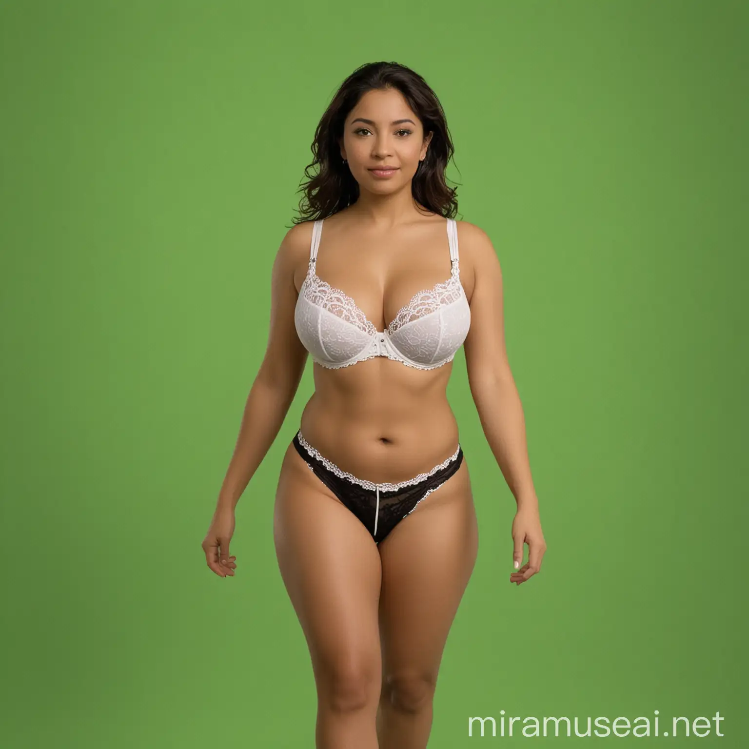 a latino woman in a bra walking directly to camera on greenscreen