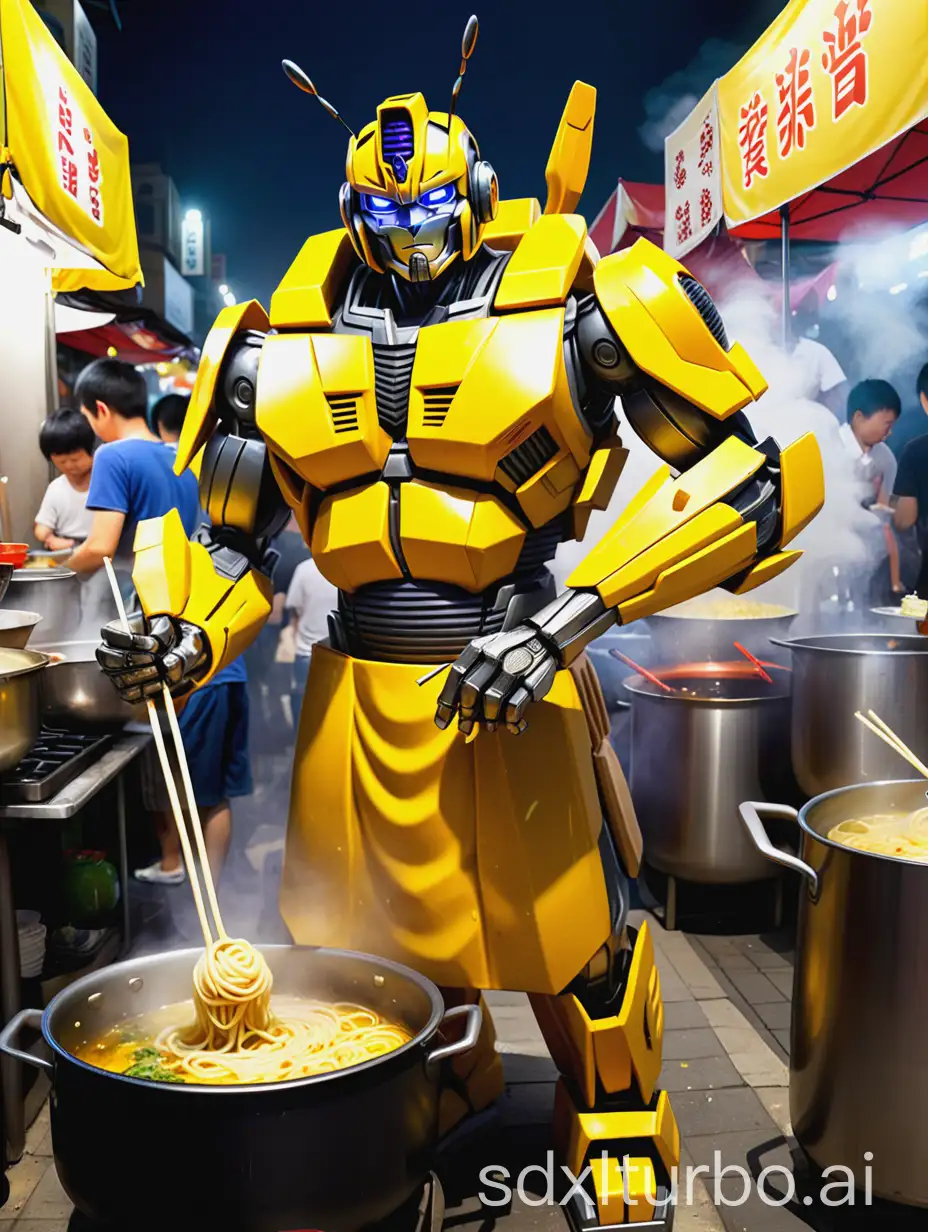 Transformers Bee Yellow, wearing an apron, holding chopsticks in his right hand to boil noodles, with a big pot, night market, his whole body looks like