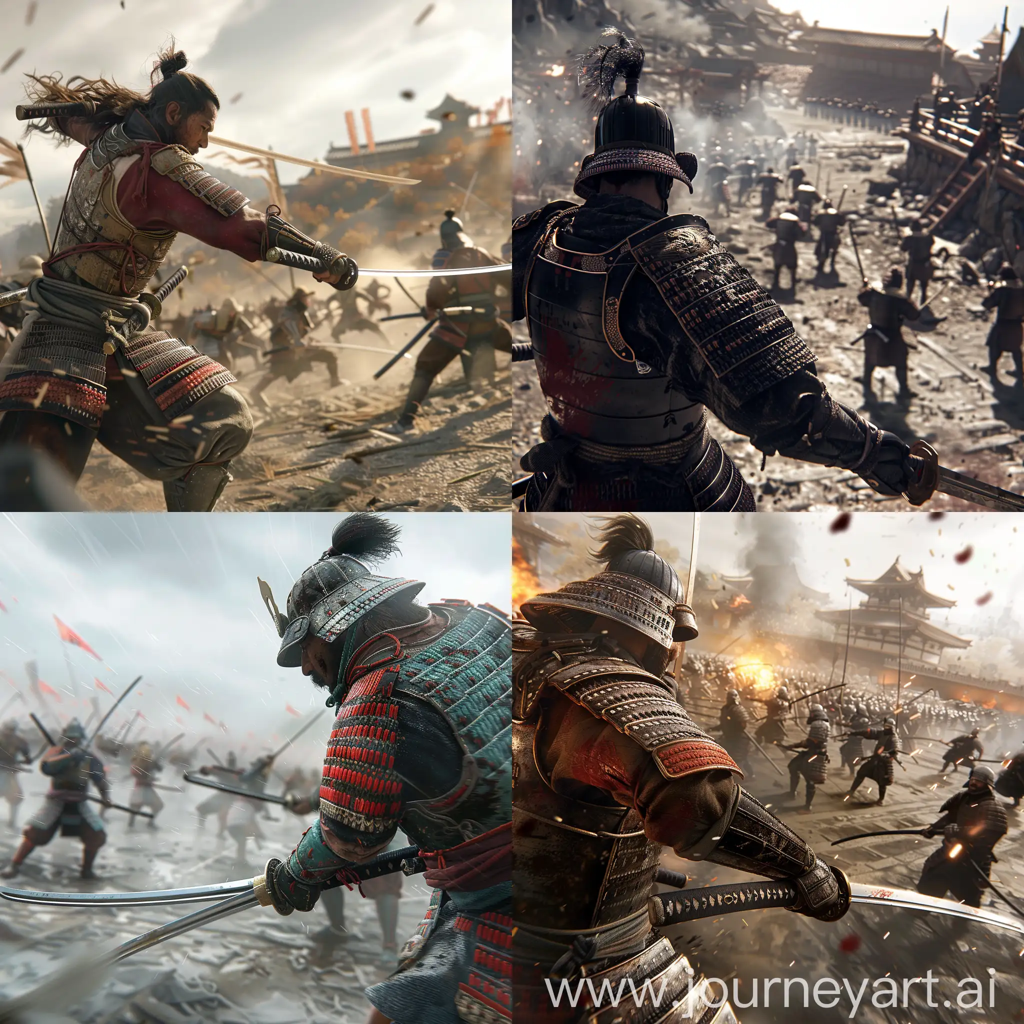 point of view shot, samurai weilding a sword on a battlefield