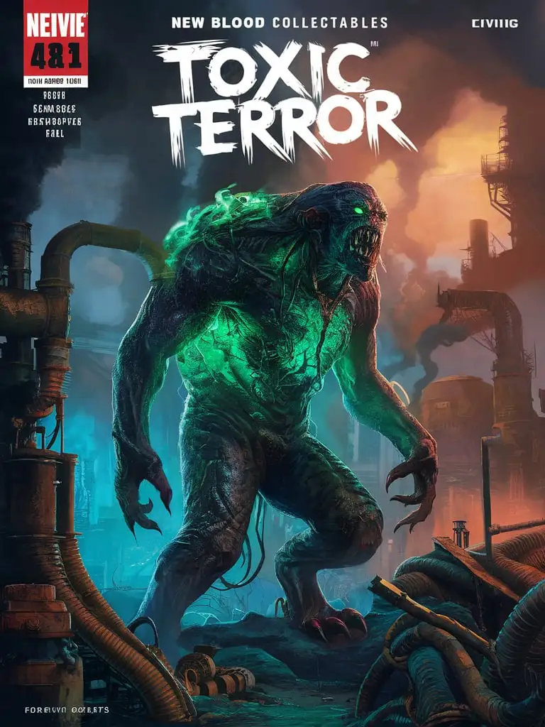  Design an 8K #1 comic book cover for "New Blood Collectables" featuring "Toxic Terror." Use FSC-certified uncoated matte paper, 80 lb (120 gsm), with a slightly textured surface. Description: Toxic Terror looms menacingly, its toxic waste-filled body glowing with an eerie green light, as it gazes out upon a polluted industrial landscape...

