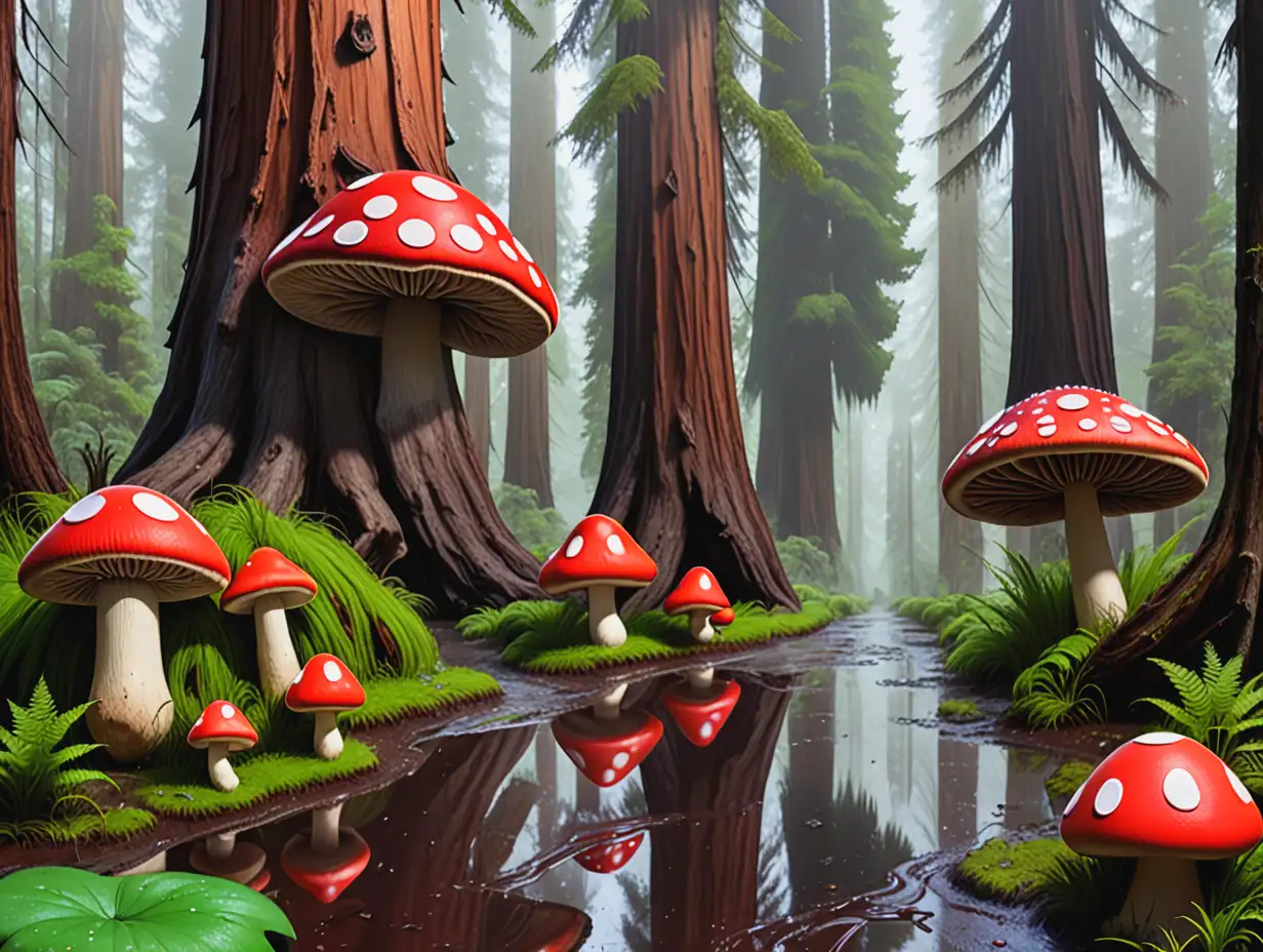 Enchanting Redwood Forest Scene with Splashing Puddles and Mario World Mushrooms