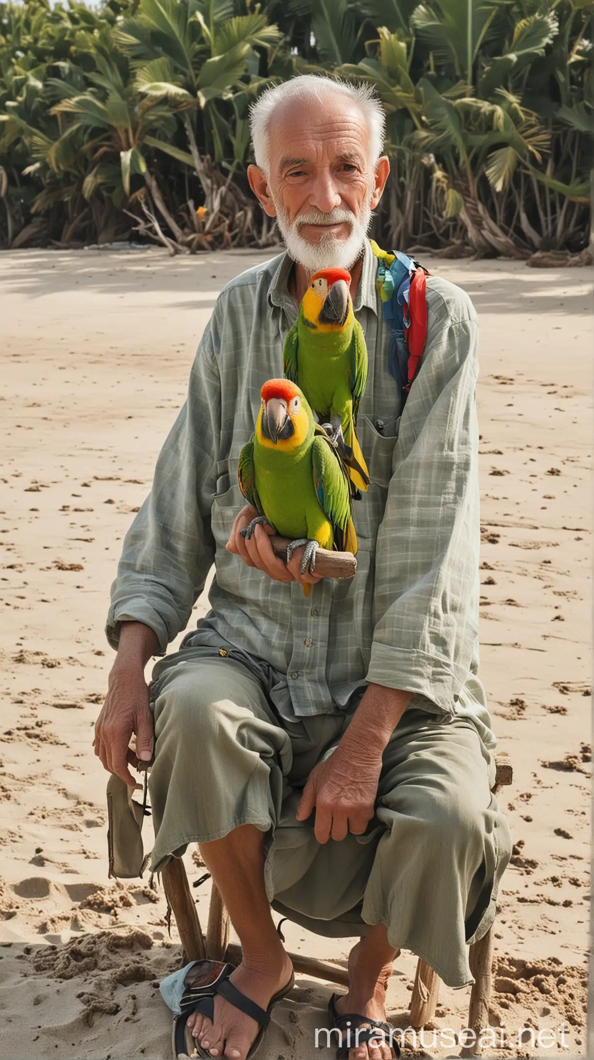 An old man sitting on beach some parrot on his shoulder