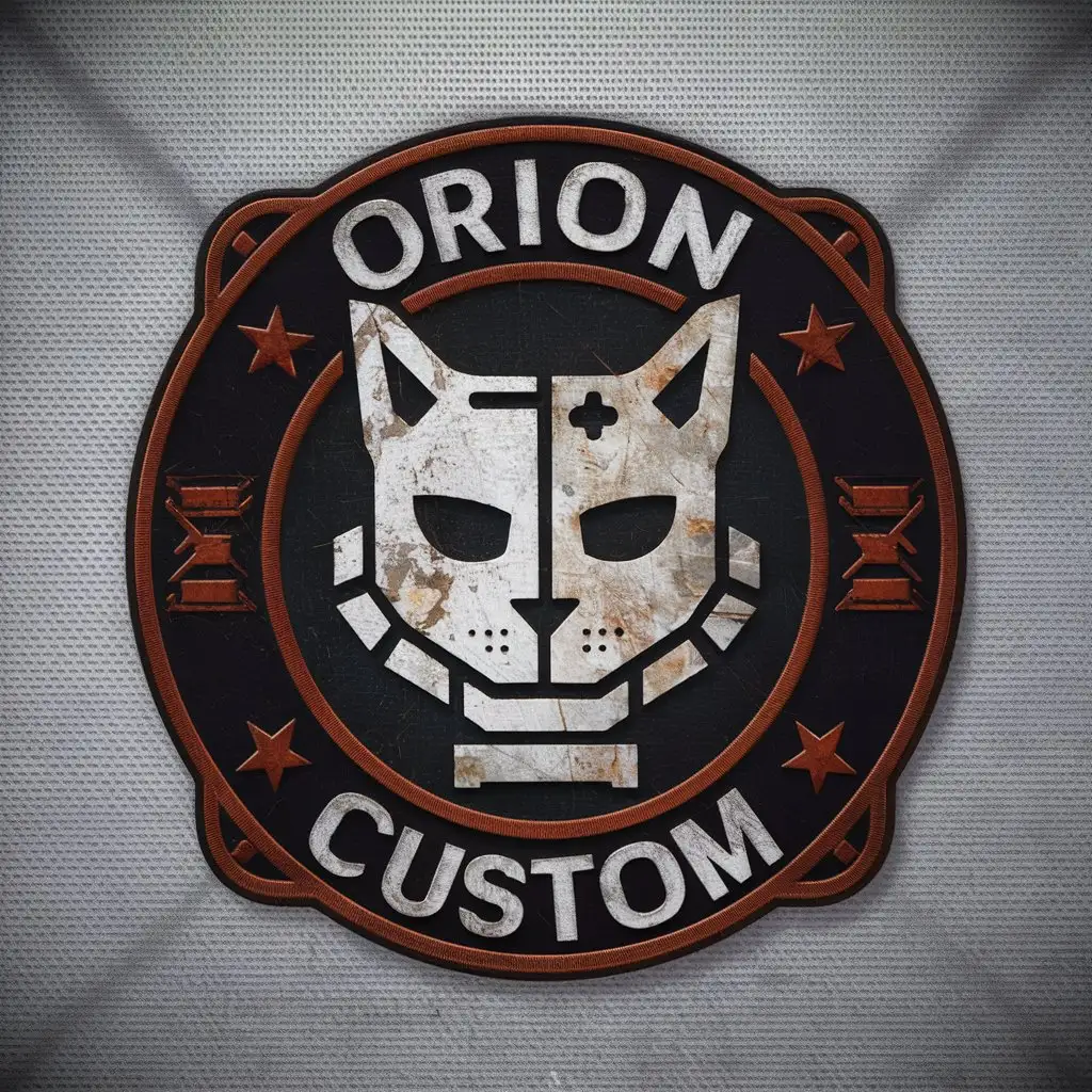 a logo design,with the text "orion custom", main symbol:army post apocalypse bot vintage circular patch rust cat,complex,be used in Technology industry,clear background