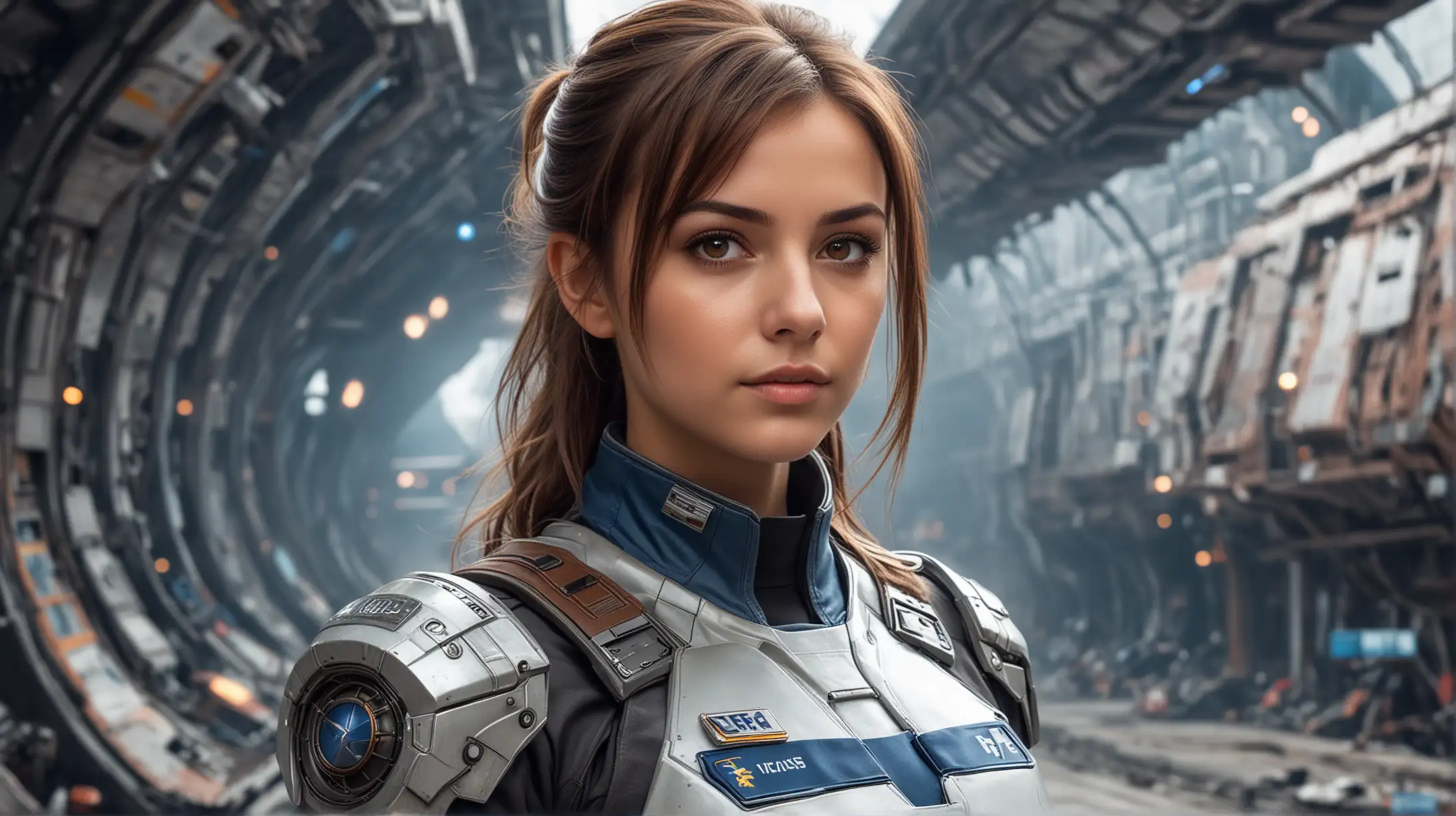Brown haired European girl, in a scifi uniform, the uniform should be grey and blue, she looks very beautiful, brown eyes. Scifi city background.