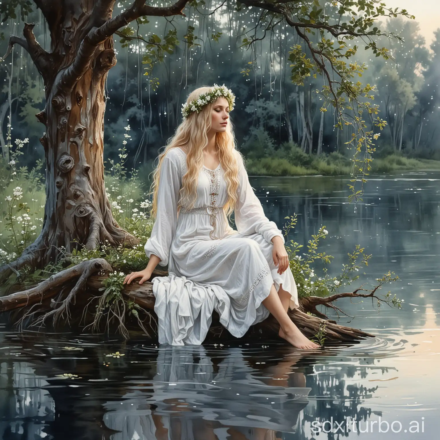midsummer night aesthetics, dense russian forest, the stars reflected in the river waves, slavic river goddess wearing white linen folk undershirt dress in water with wet long blond hair and another slavic tree goddess with dark hair and flower wreath wearing white folk undershirt sitting on a tree branch, both are dangerous, aquarelle style, magical, silver pigment, watercolor drawing, fairytale