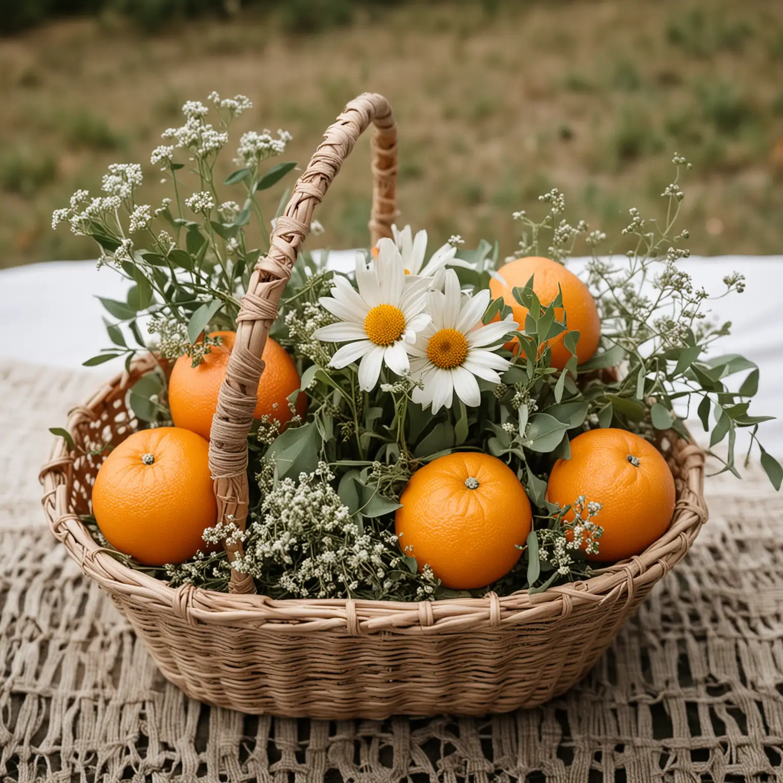 simple and small boho wedding centerpiece with wildflowers and oranges in a boho basket; nothing else in photo; keep the background neutral