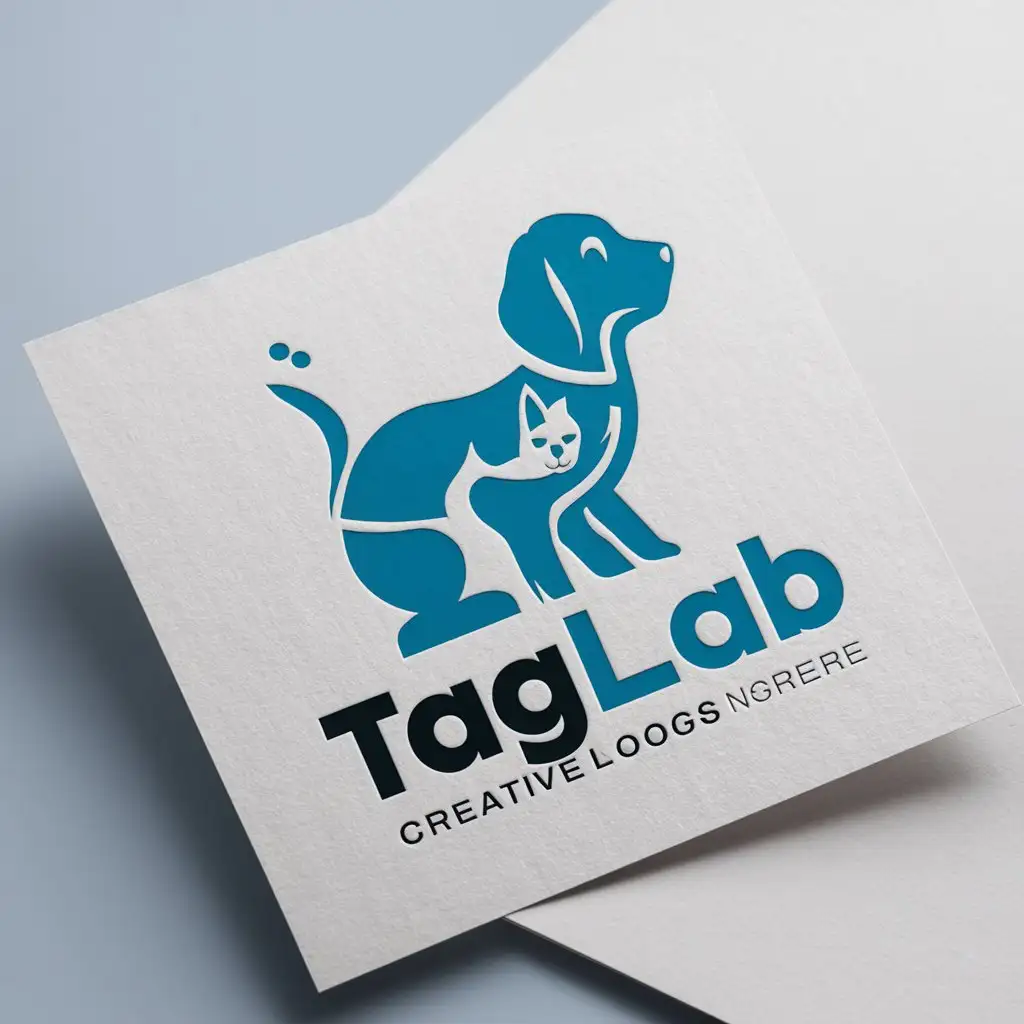 a logo design,with the text "TagLab", main symbol:The logo should embody the essence of both dogs and cats, as they are the primary animals associated with my brand. preferred color is blue.  must be a logo on white paper mockup,Moderate,clear background