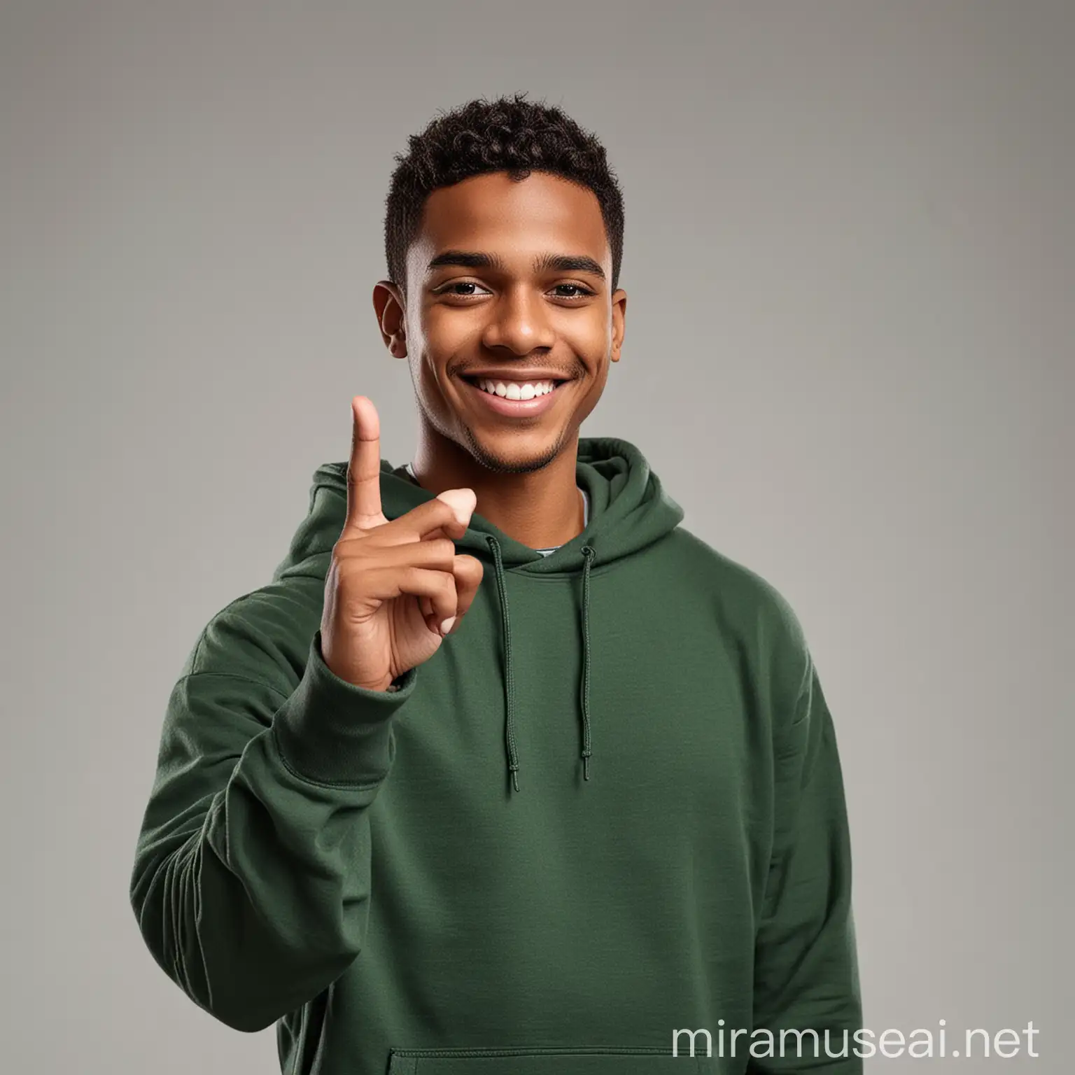 Create a realistic image of a smiling dark skin young man with short hair, wearing a dark green hoodie . The man is doing an that's right sign gesture at camera and is set against a white vibrant background