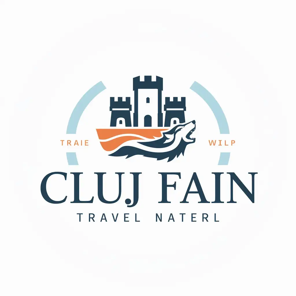 a logo design,with the text 'CLuj Fain', main symbol:a citadel and a wolf,Moderate,be used in Travel industry,clear background