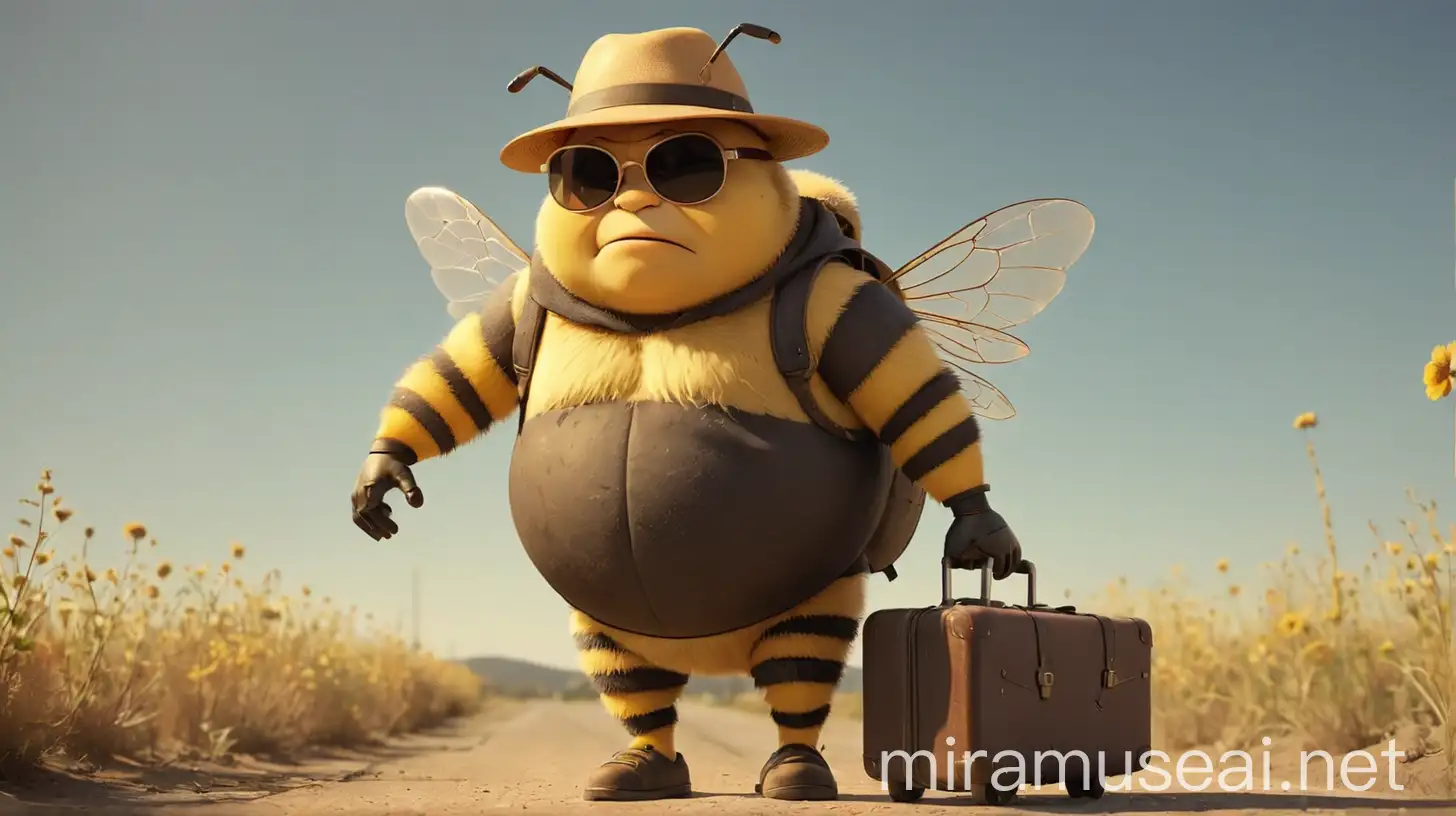 грустная жирная пчелка в очках солнцезащитных с чемоданом и шлаяпой уходит в даль приподнимая шляпу над головой