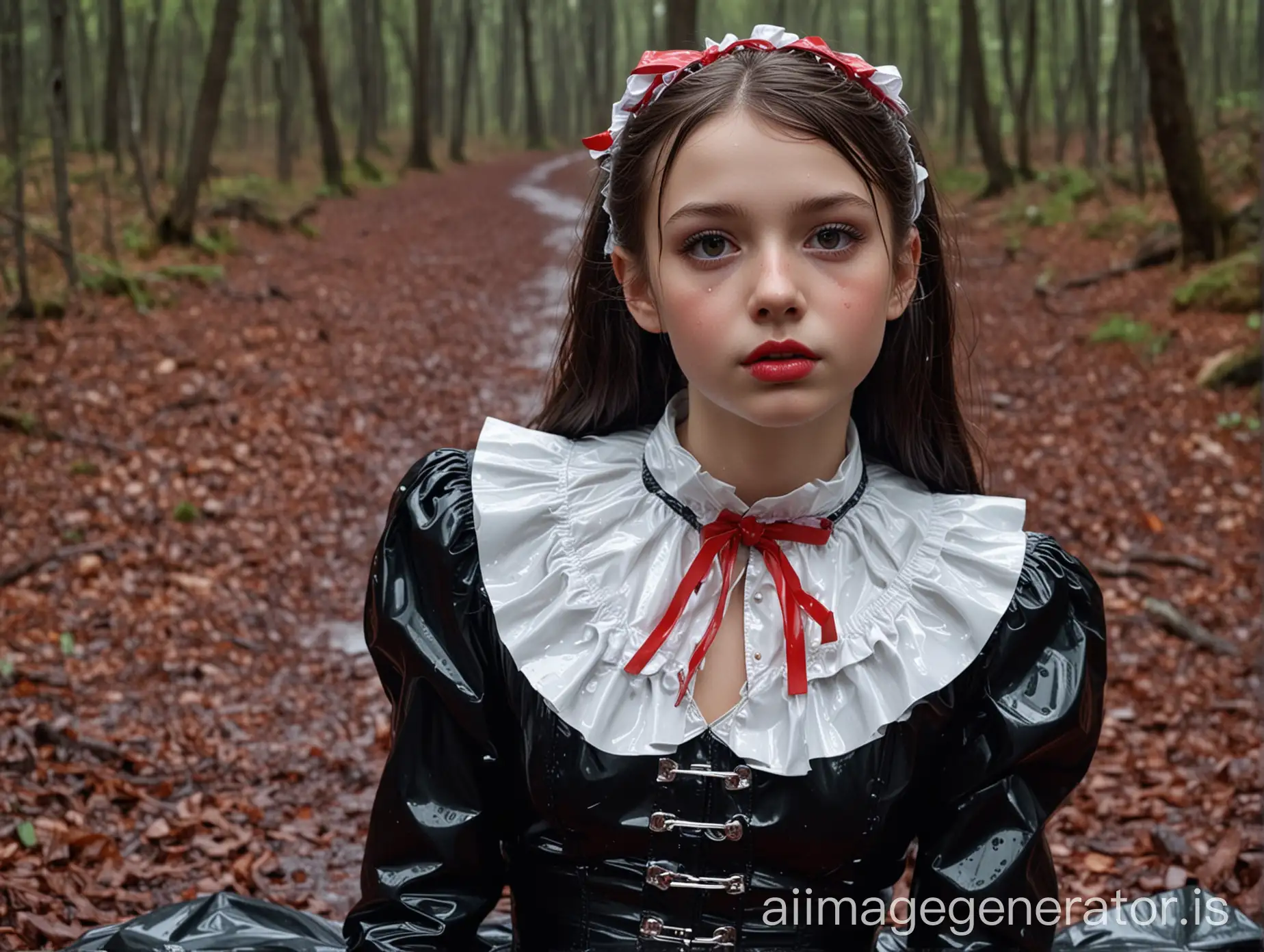 hyperrealistic image in the highest quality. little 10 year old french girl. extremely skinny. extremely white skin. big darkbrown eyes. lips extremely shiny by a lot of red lipgloss. the girl is lying in the forest under heavy rain. face, hair and clothes are totally wet by the rain. she is wearing an extremely shiny red and black latex sweet lolita outfit. collared and fully closed up. shiny latex ribbon over the collar, big shiny latex lolita ribbon in the hair over the dress she wears a shiny latex pinafore.  she wears no jewellery. no elements of metal or stone