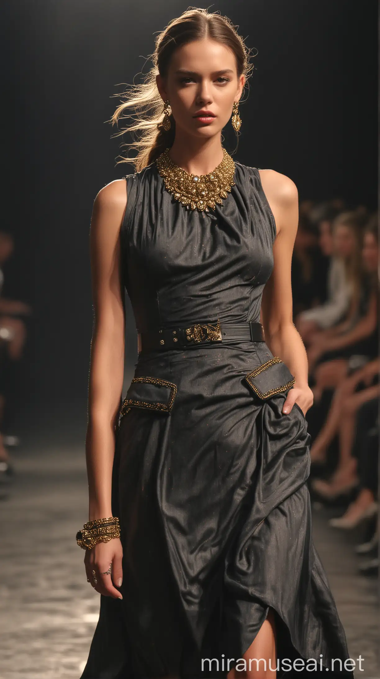 Stunning beautiful supermodel, runway motion for Montelago brand fashion show, chic large dress, front angle, hands in the pockets, wind, , black charcoal, hyper-realistic, glamorous, statement jewelry, golden hour, Alexander McQueen style 