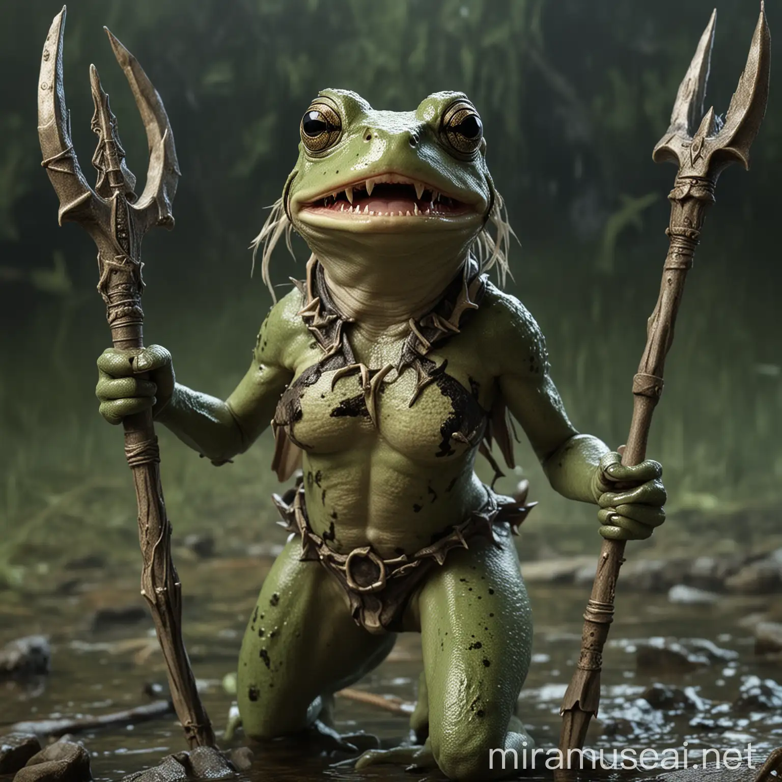 female frog with fangs and claws holding a trident