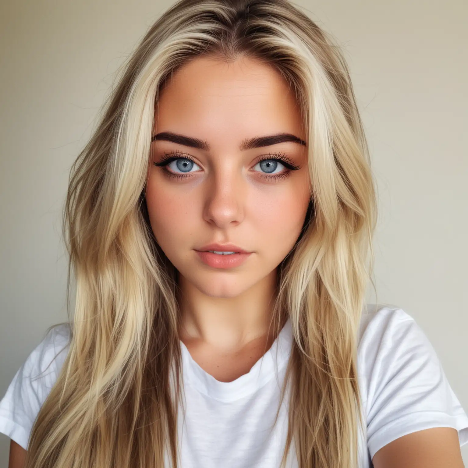 20 Jährige Frau, langes blondes Haar zur Seite gekämmt, Blaue Augen, Schwarze Augenbrauen, Naturell, Selfie Aufnahme, Brüste, Weiße Wand, T-Shirt