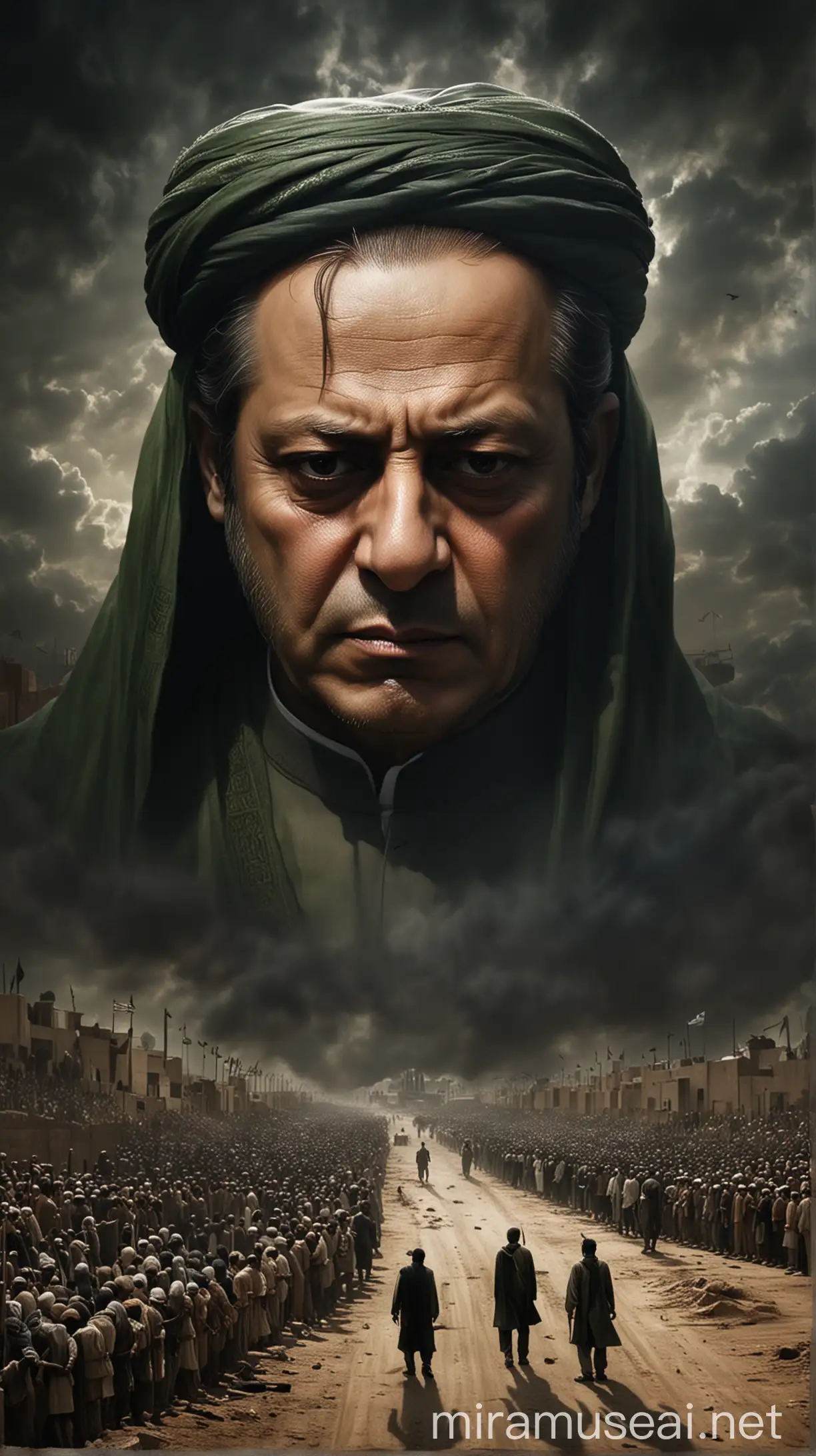 A haunting depiction of Sharif's legacy, with shadows looming ominously over his empire, symbolizing the fear and oppression that defined his reign. hyper realistic