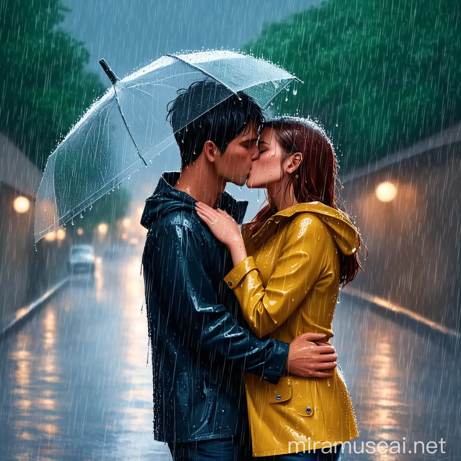 Romantic Couple Kissing in Rain Shower Love and Affection Scene