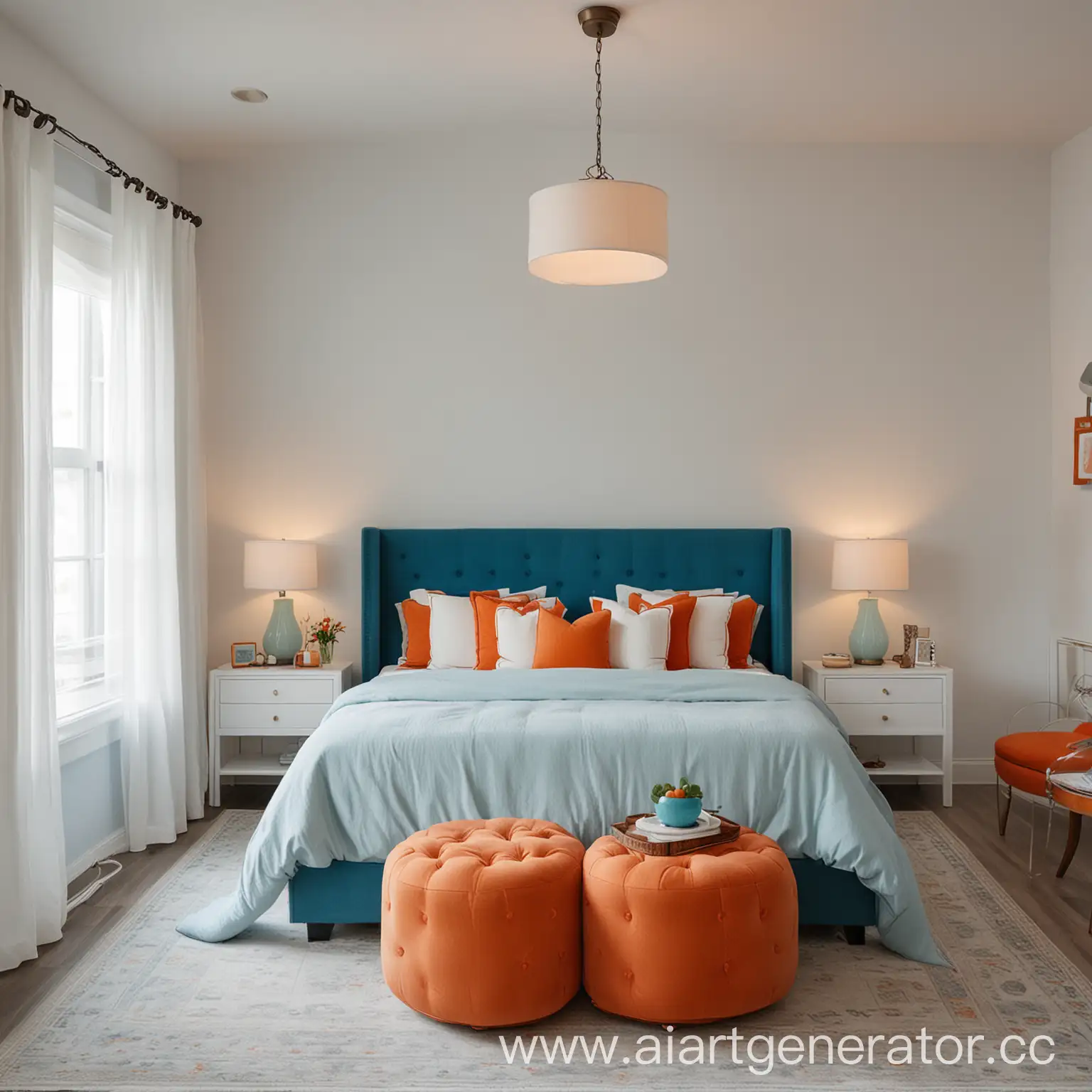 Спальная комната со стенами белого цвета, кроватью с длинным, мягким изголовьем синего цвета и подушками оранжевого цвета, круглые столики на ножках по бокам кровати и подвесным светильником с одной стороны