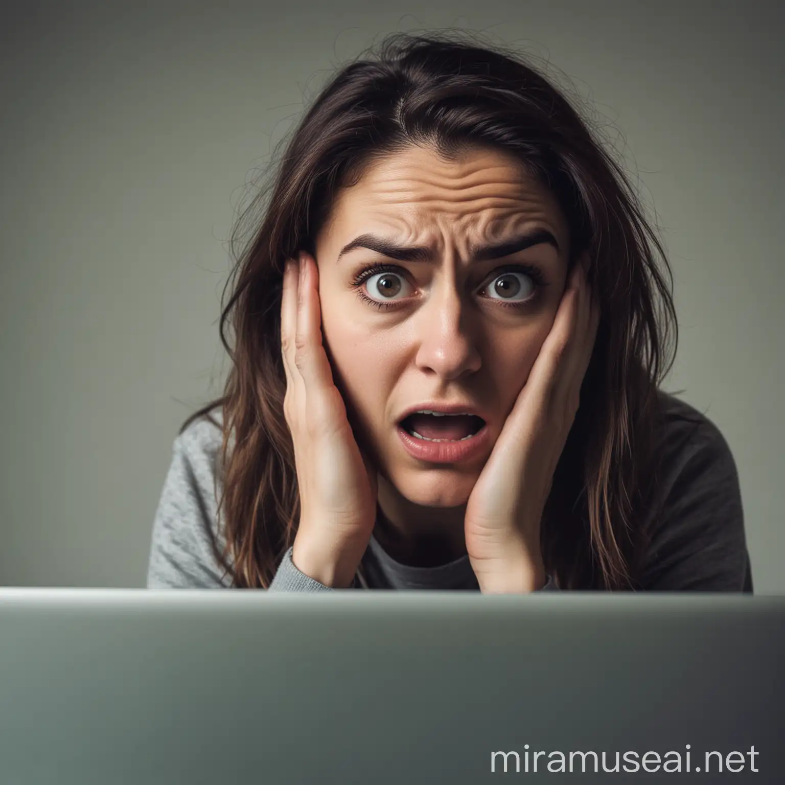 A person looking at a laptop 
with a scared face
