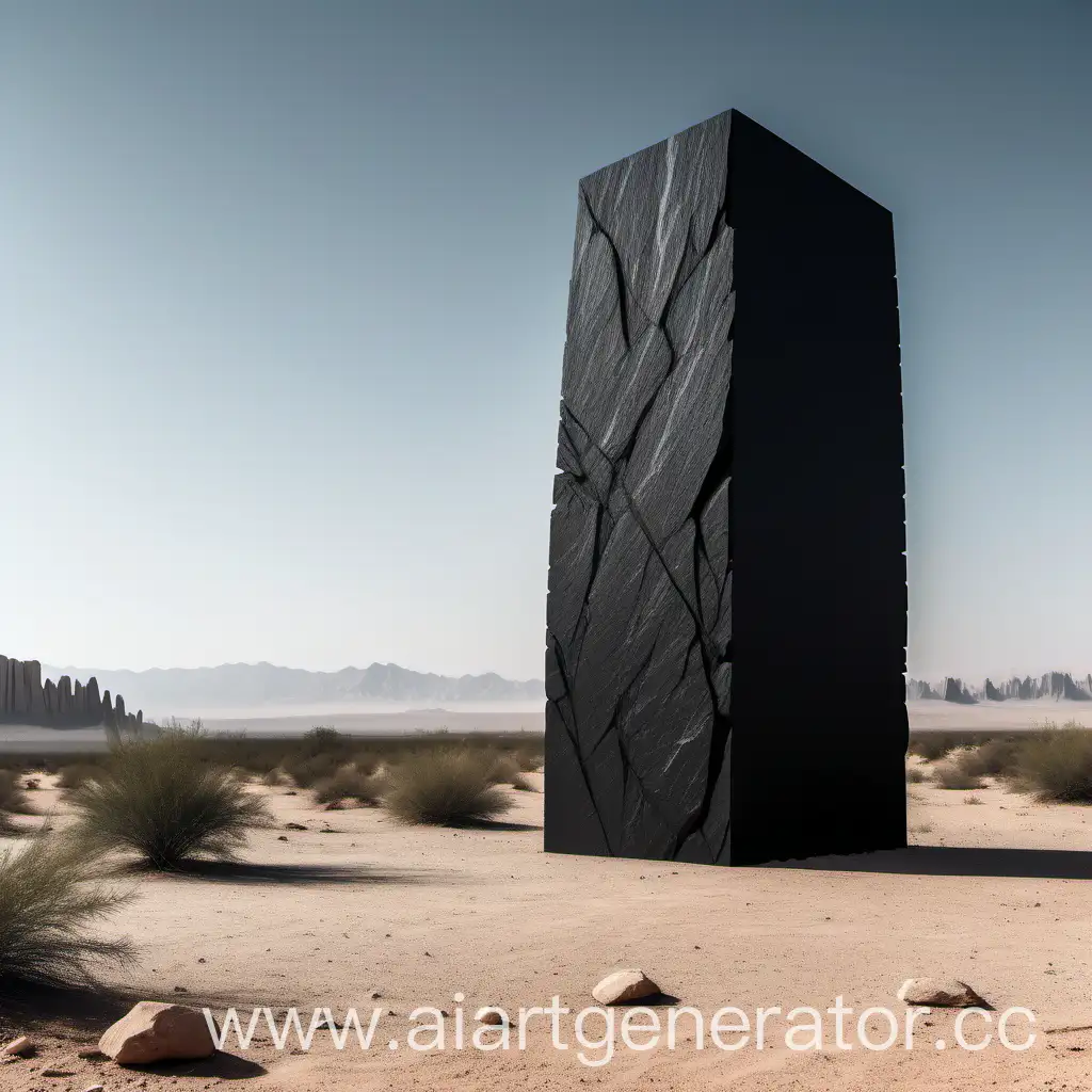 Огромный черный монолит из черного матового камня, стоящий в пустыне
